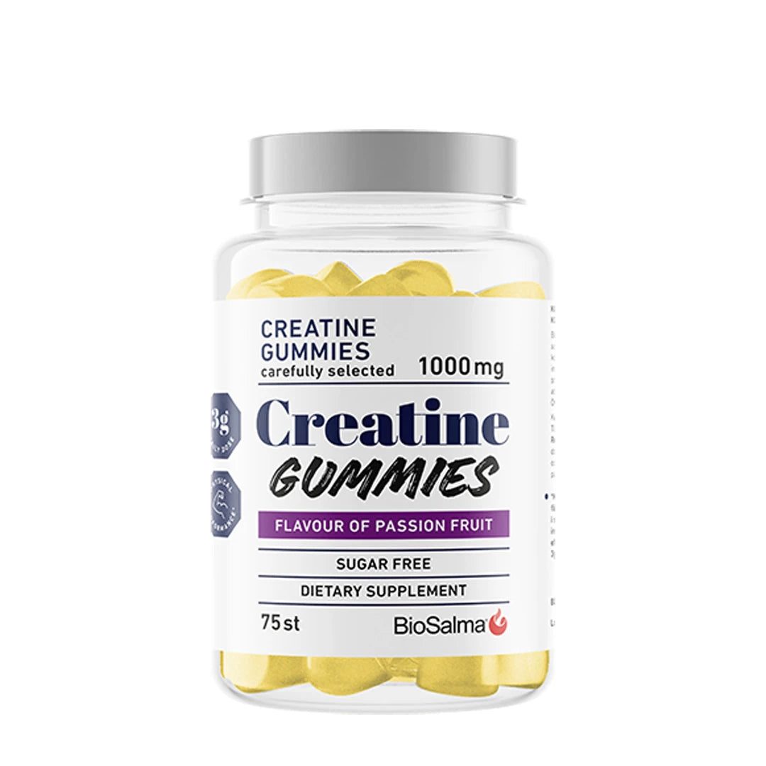 Biosalma Creatine Gummies 1000 mg Passion Fruit läpinäkyvässä purkissa, täynnä keltaisia gummies-karkkeja.