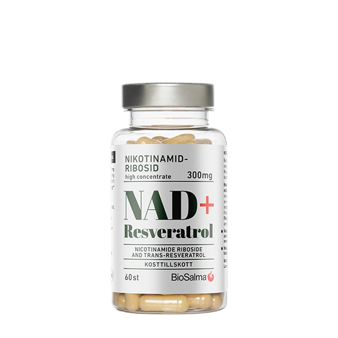 BioSalma NAD+ 300mg +Reservatrol 60 caps -ravintolisä läpinäkyvässä purkissa, jossa on hopeinen kansi ja valkoinen etiketti mustalla ja vihreällä tekstillä.