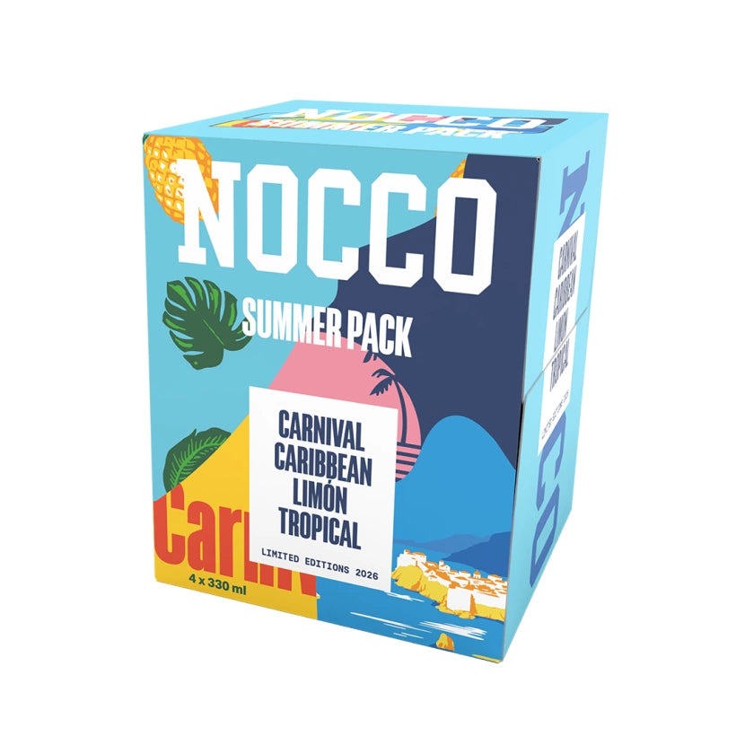 NOCCO Summer Pack 4-pack -energiajuomien vaaleansininen pakkaus trooppisilla yksityiskohdilla.