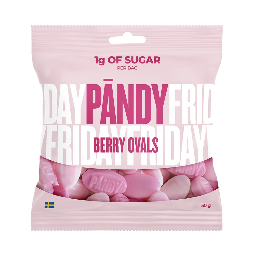 Pändy Candy 50 g Berry Ovals vaaleanpunaisessa karkkipussissa, jonka pohjalla on pinkkejä ja valkoisia vaahtokarkkeja., kuva 1/1