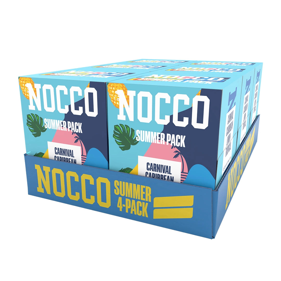 6 x NOCCO Summer Pack 4-pack energiajuoma vaaleansinisessä laatikossa trooppisilla yksityiskohdilla ja kesäteemalla.