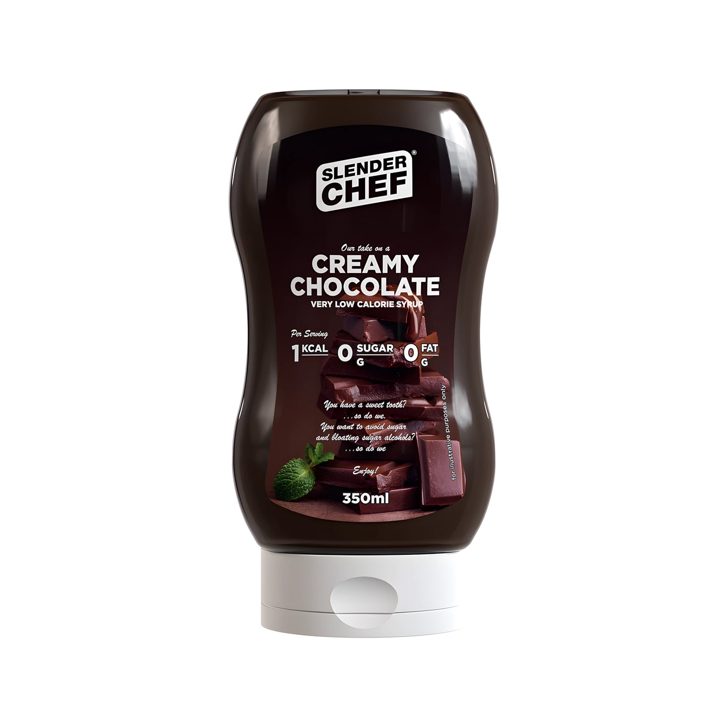 Slender Chef Sweet Sauce 350 ml tummassa puristepullossa valkoisella korkilla, makuna Creamy Chocolate., kuva 1/7