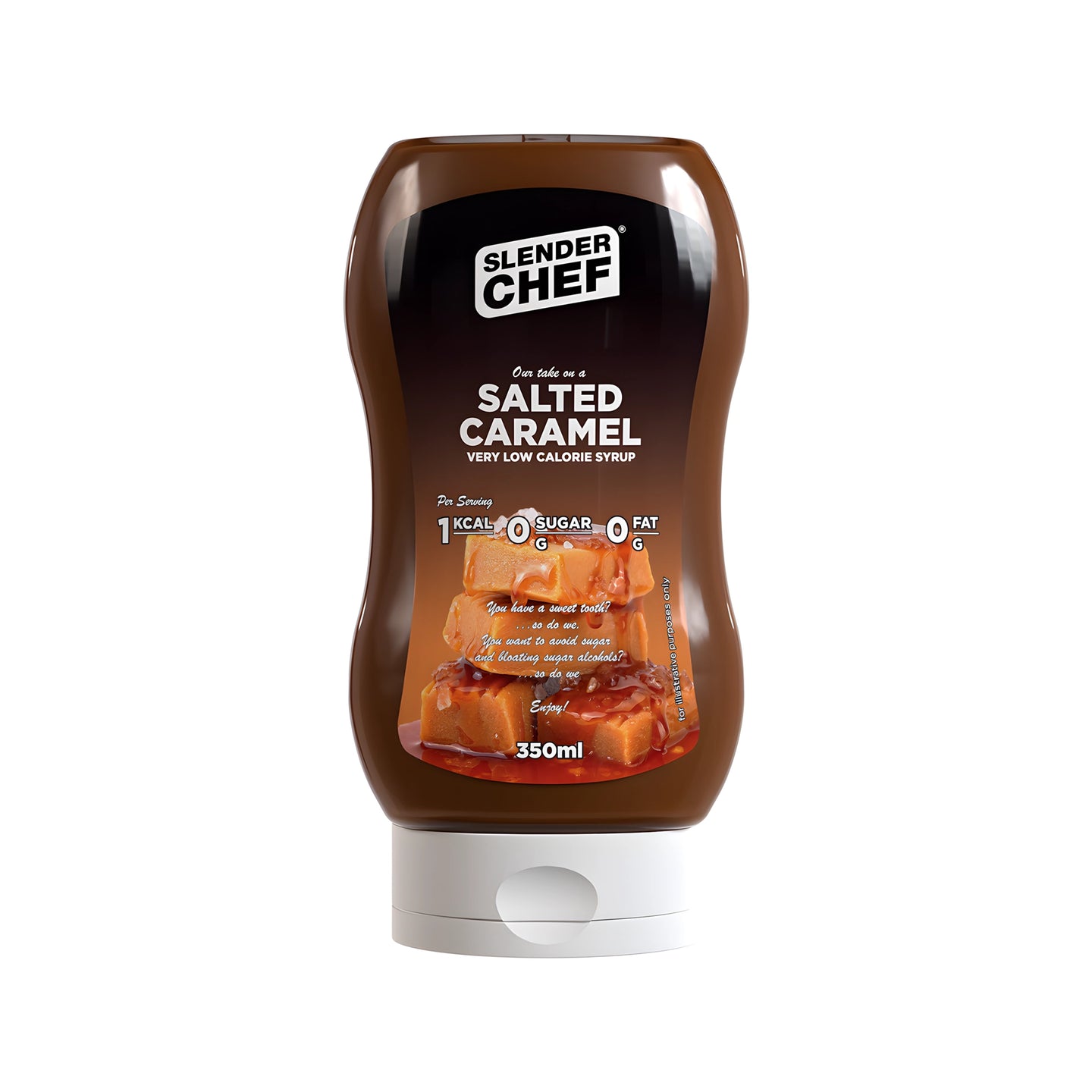 Slender Chef Sweet Sauce 350 ml ruskeassa puristepullossa valkoisella korkilla, makuna Salted Caramel., kuva 2/7