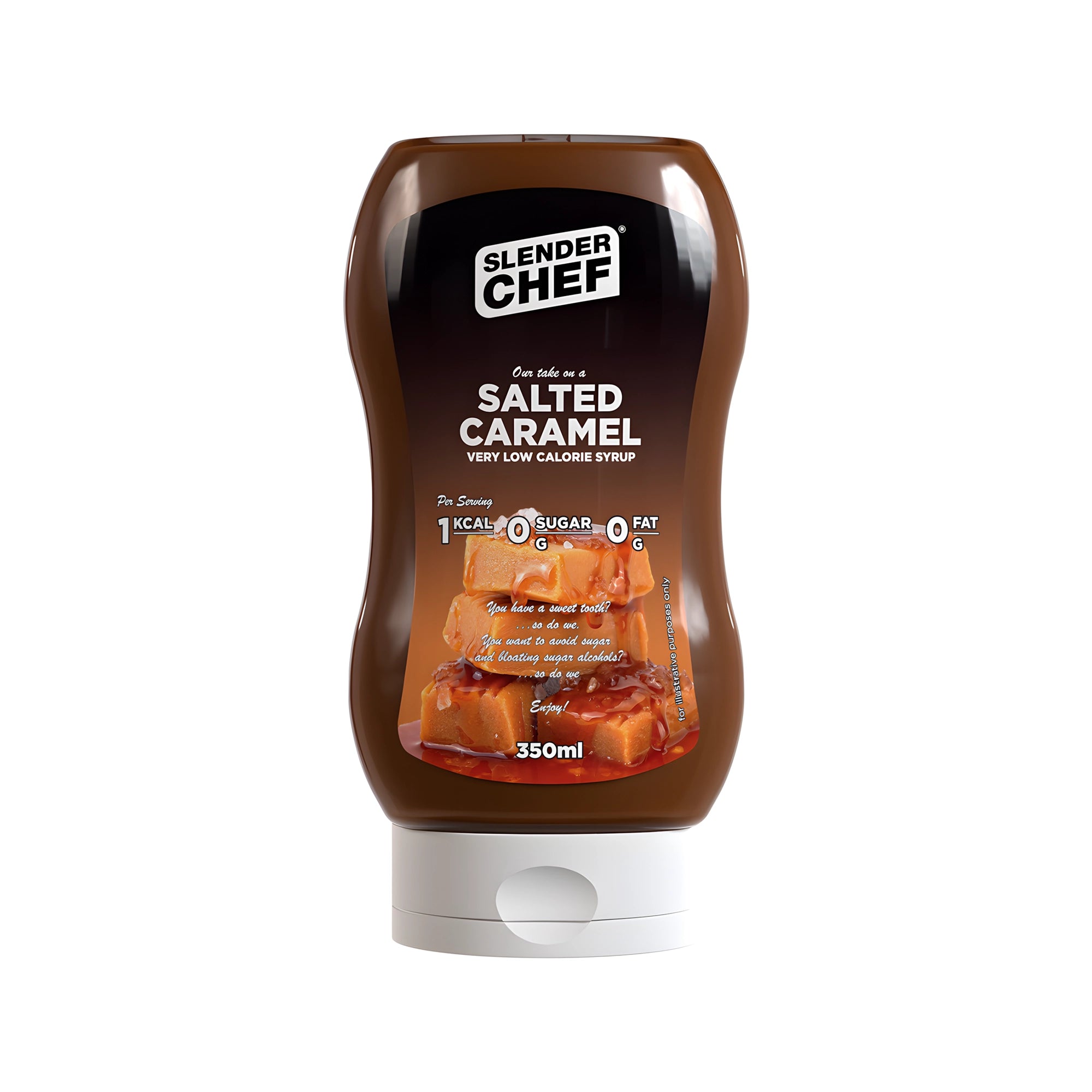 Slender Chef Sweet Sauce 350 ml ruskeassa puristepullossa valkoisella korkilla, makuna Salted Caramel., kuva 2/7