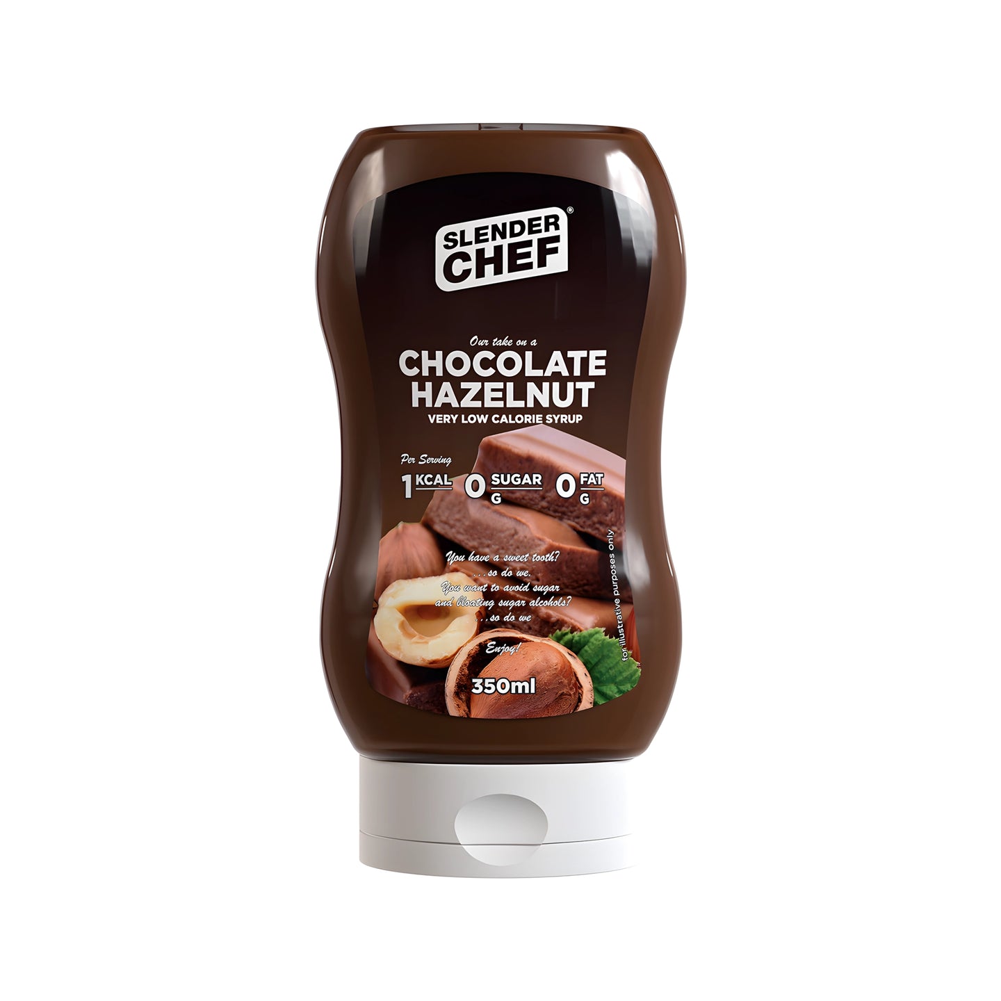 Slender Chef Sweet Sauce 350 ml maussa Chocolate Hazelnut ruskeassa puristepullossa, jossa on valkoinen korkki ja kuvitus suklaasta ja hasselpähkinöistä., kuva 4/7
