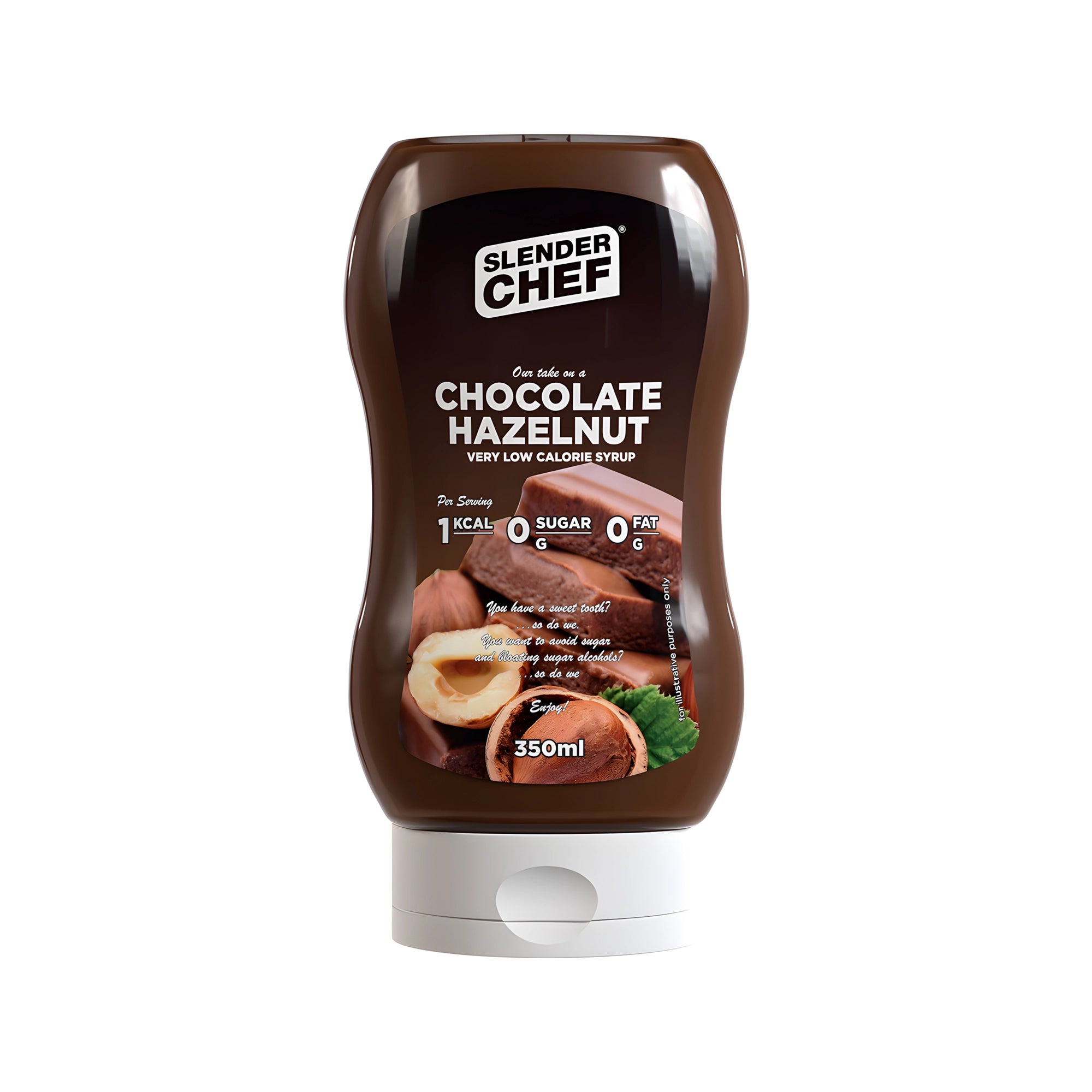 Slender Chef Sweet Sauce 350 ml maussa Chocolate Hazelnut ruskeassa puristepullossa, jossa on valkoinen korkki ja kuvitus suklaasta ja hasselpähkinöistä., kuva 4/7
