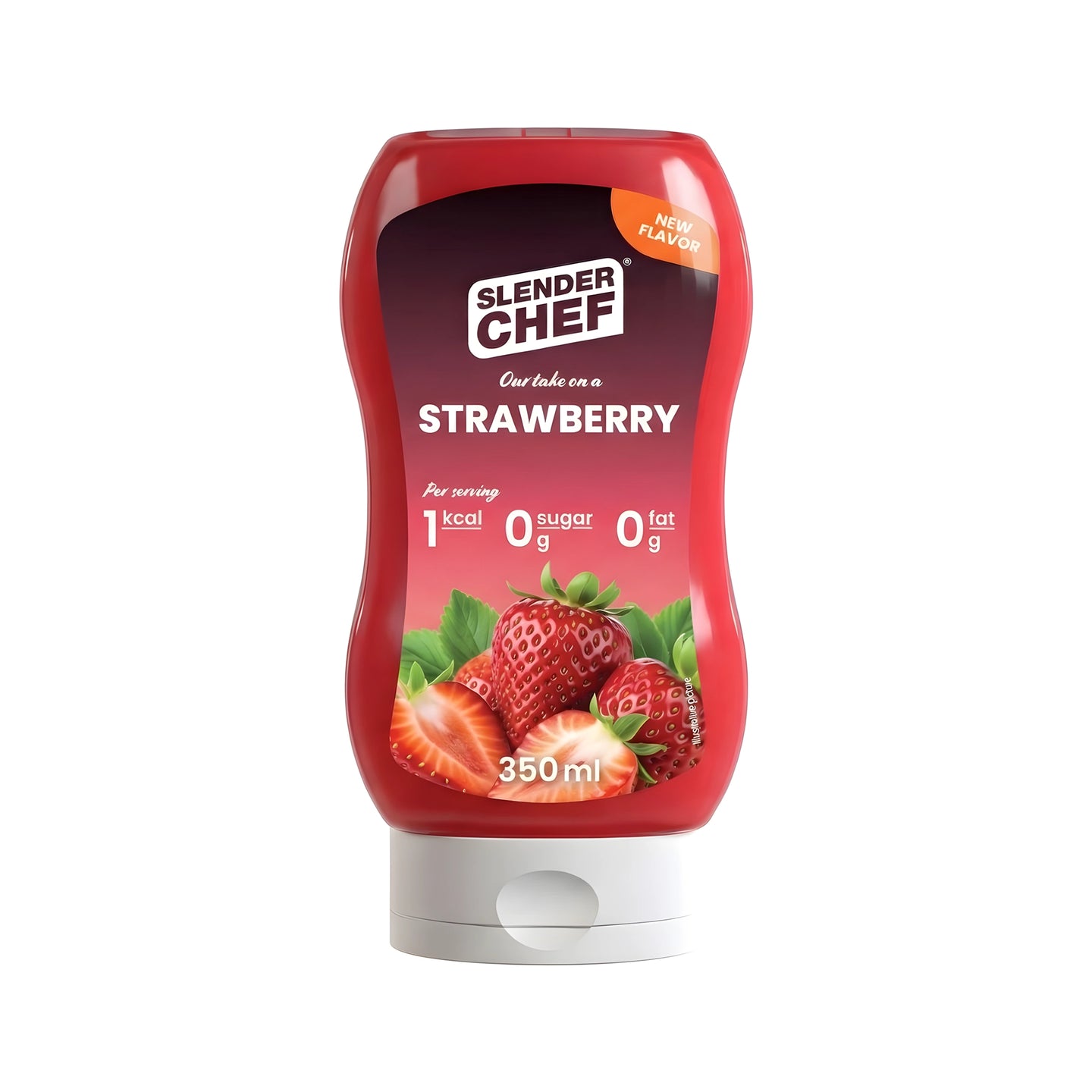 Slender Chef Sweet Sauce 350 ml punaisessa puristepullossa, jossa on valkoinen korkki ja mansikkakuvitus maulle Strawberry., kuva 7/7