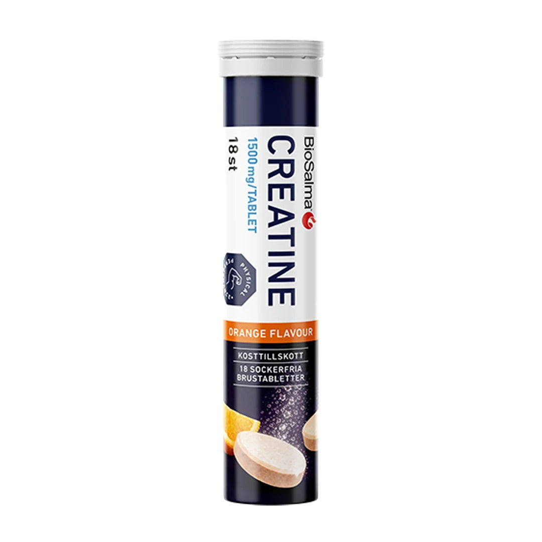 BioSalma Effervescent Creatine 1500 mg Orange -poretabletit valkoisessa ja tummansinisessä putkilossa.