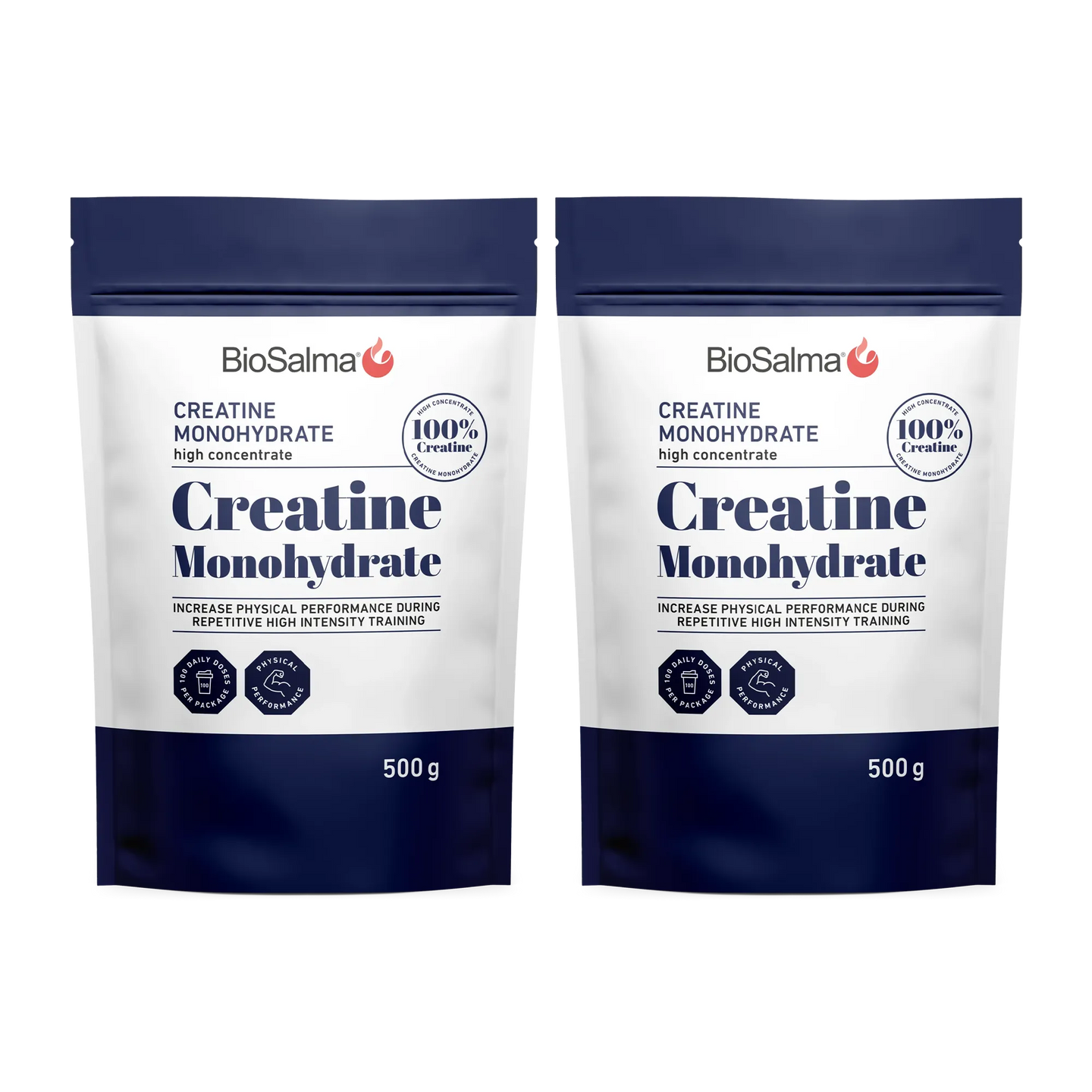 2 x BioSalma Creatine Monohydrat 500 g -jauhe kahdessa valkoisessa ja laivastonsinisessä pussissa.