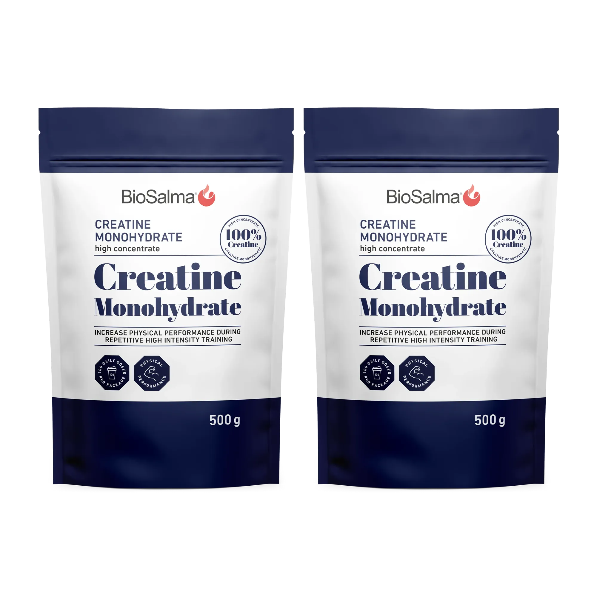 2 x BioSalma Creatine Monohydrat 500 g -jauhe kahdessa valkoisessa ja laivastonsinisessä pussissa.