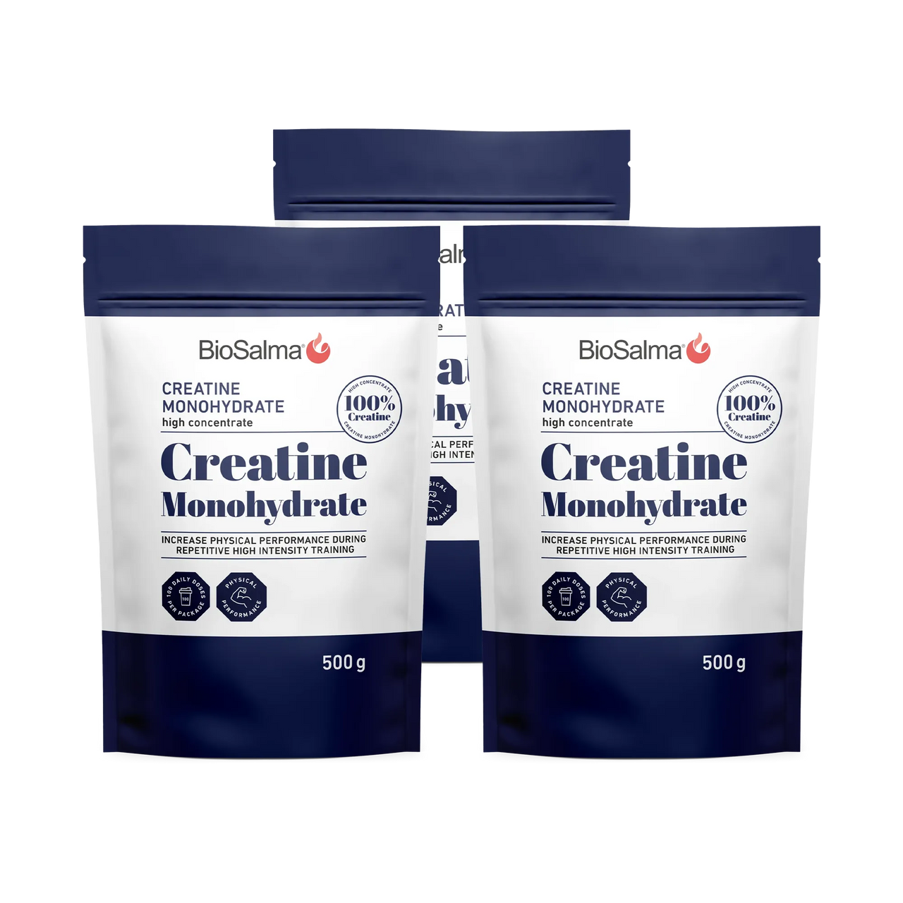 3 x BioSalma Creatine Monohydrat 500 g -kreatiinijauhe kolmessa valkoisessa ja tummansinisessä pussissa.