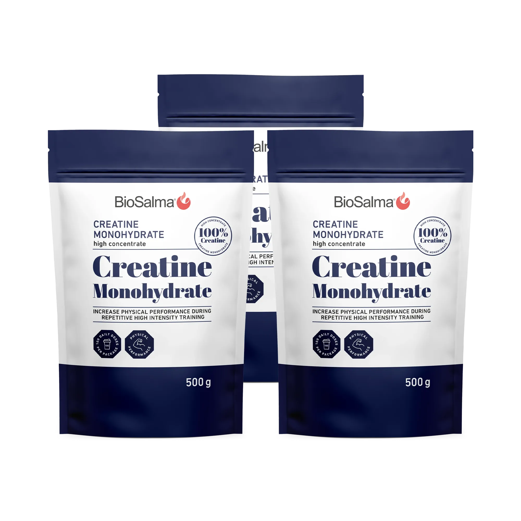 3 x BioSalma Creatine Monohydrat 500 g -kreatiinijauhe kolmessa valkoisessa ja tummansinisessä pussissa.