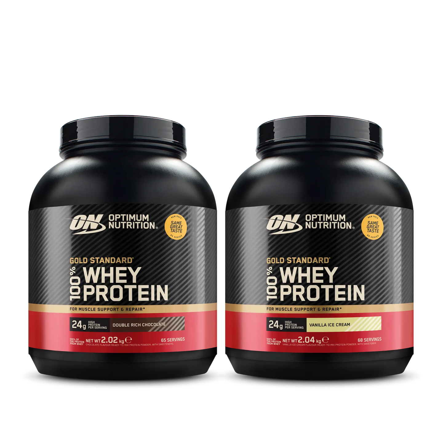 2 x Optimum Nutrition 100% Whey Gold Standard 2 kg -proteiinijauhe kahdessa mustassa purkissa punaisilla ja kultaisilla yksityiskohdilla.