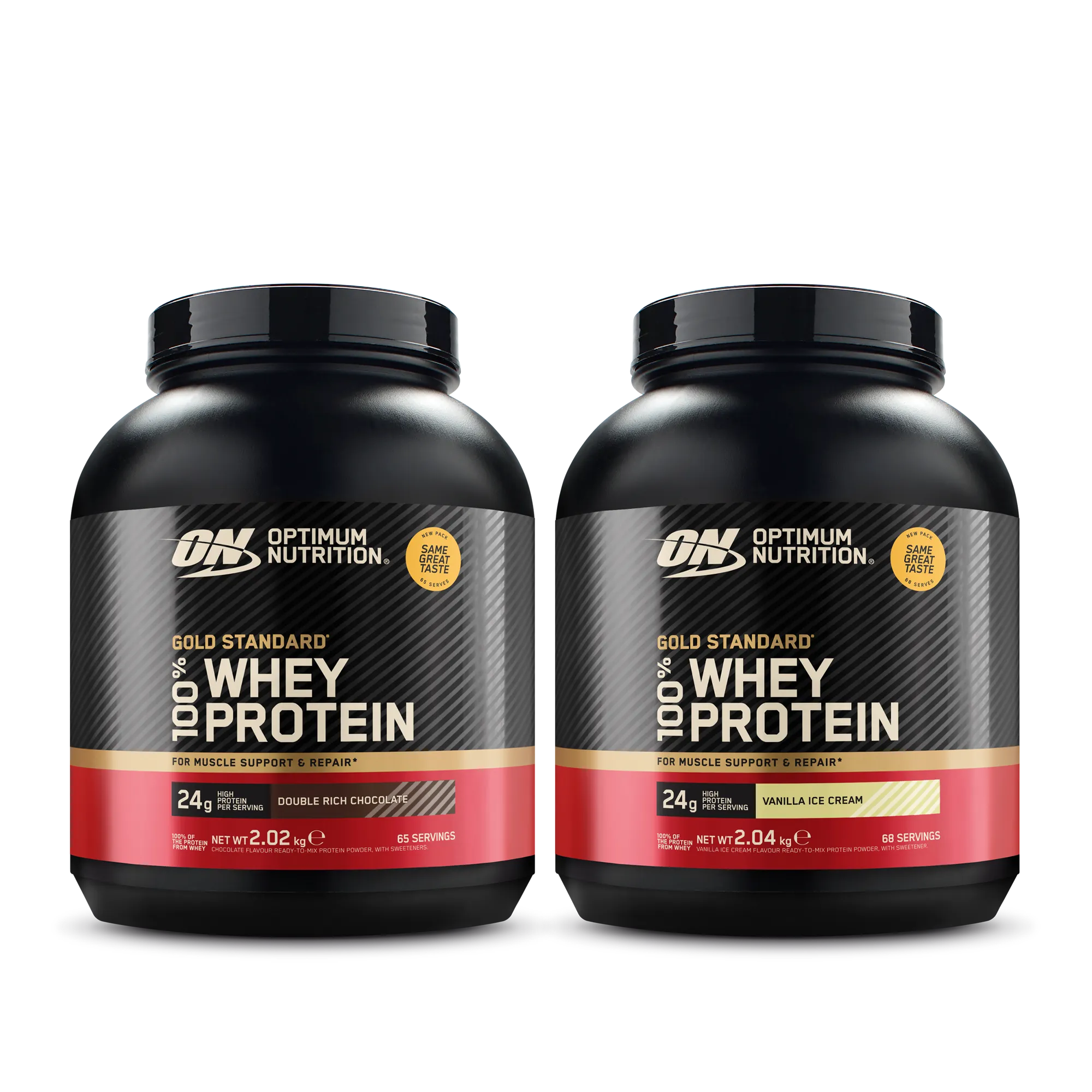 2 x Optimum Nutrition 100% Whey Gold Standard 2 kg -proteiinijauhe kahdessa mustassa purkissa punaisilla ja kultaisilla yksityiskohdilla.