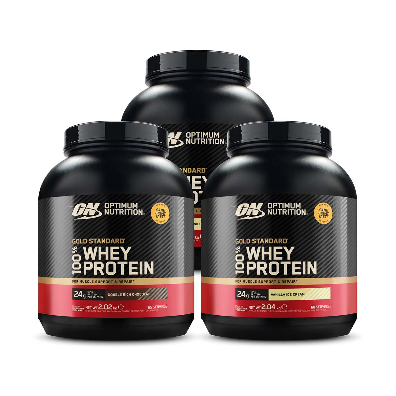 3 x Optimum Nutrition 100% Whey Gold Standard 2 kg -proteiinijauhe mustissa purkeissa punakultaisilla yksityiskohdilla.