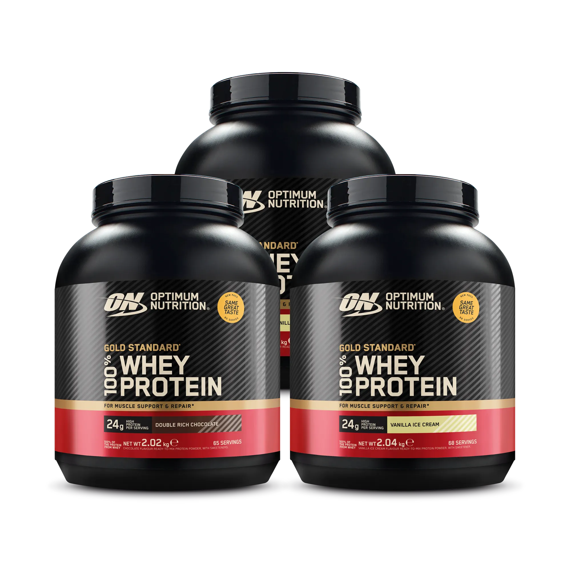 3 x Optimum Nutrition 100% Whey Gold Standard 2 kg -proteiinijauhe mustissa purkeissa punakultaisilla yksityiskohdilla.