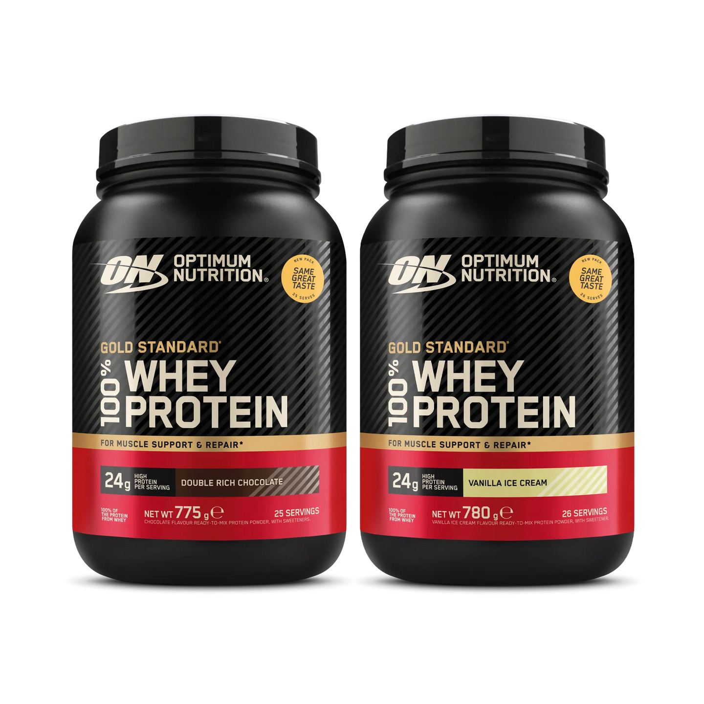 2 x Optimum Nutrition 100% Whey Gold Standard 775 g -proteiinijauhe kahdessa mustassa purkissa punaisin ja kultaisin sävyin.