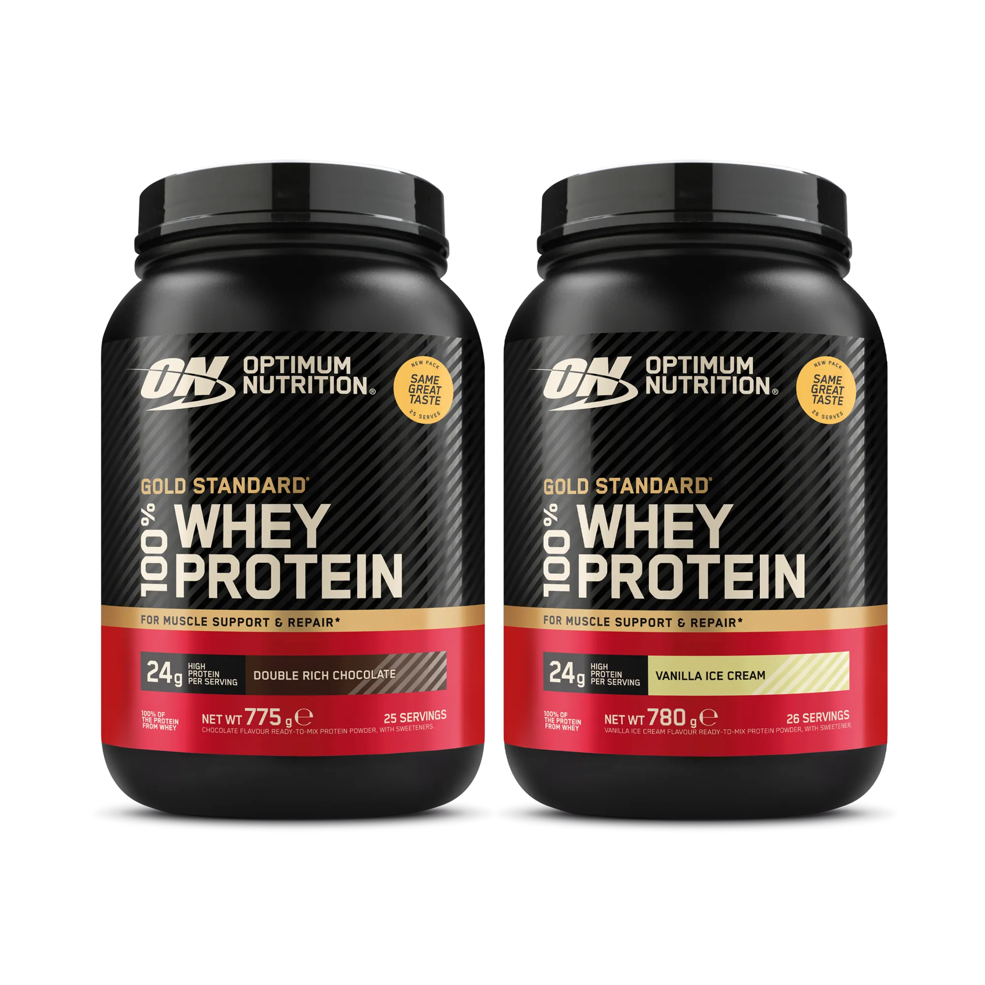 2 x Optimum Nutrition 100% Whey Gold Standard 775 g -proteiinijauhe kahdessa mustassa purkissa punaisin ja kultaisin sävyin.