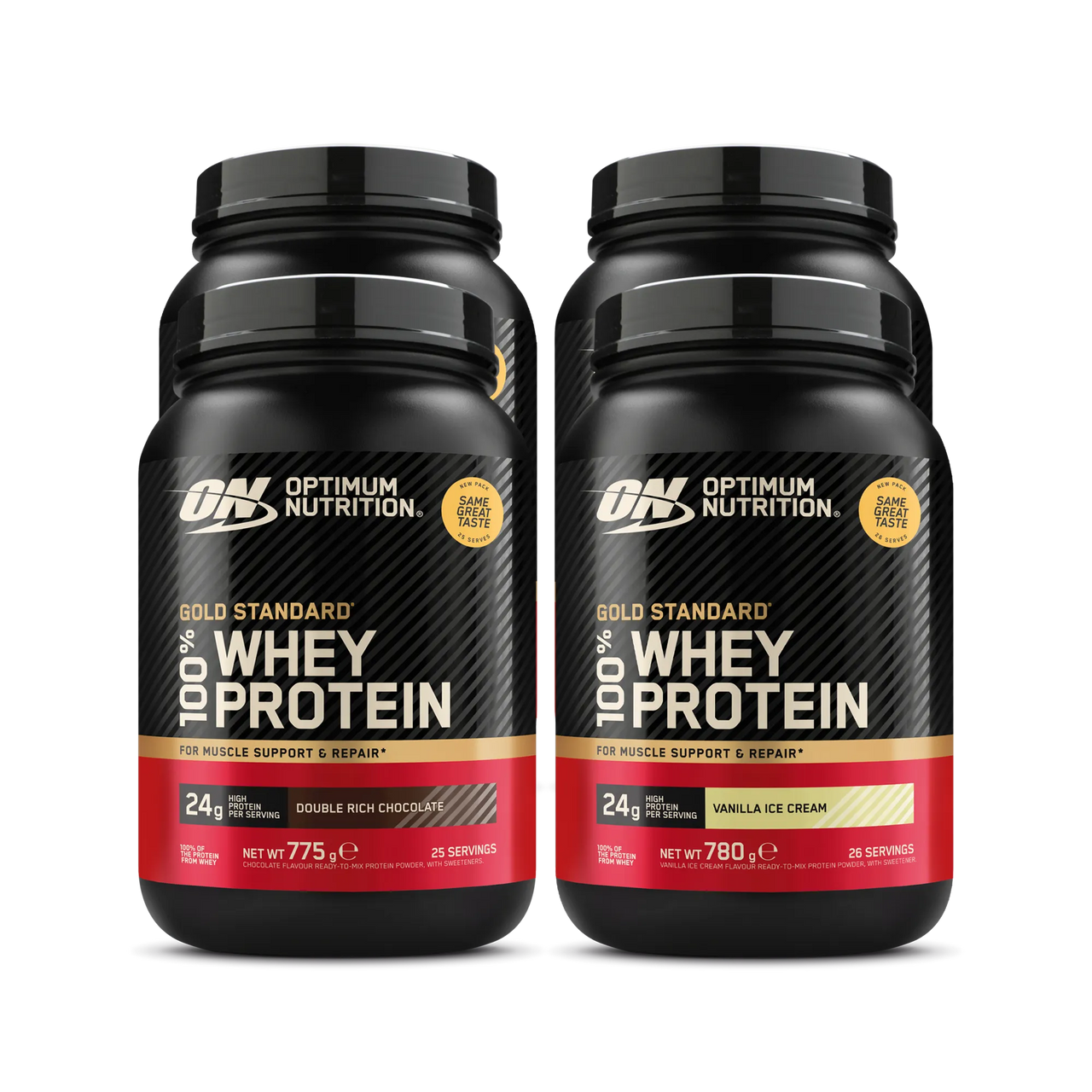 4 x Optimum Nutrition 100% Whey Gold Standard 775 g -proteiinijauhe mustissa purkeissa punaisin ja kultaisin yksityiskohdin.