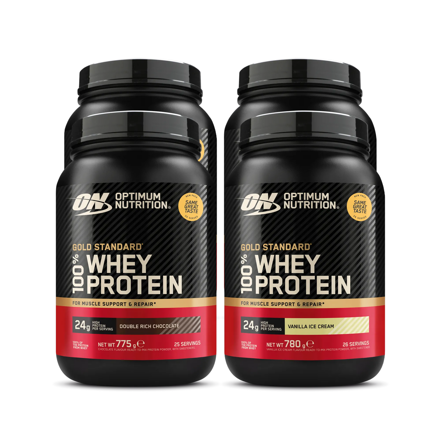 4 x Optimum Nutrition 100% Whey Gold Standard 775 g -proteiinijauhe mustissa purkeissa punaisin ja kultaisin yksityiskohdin.