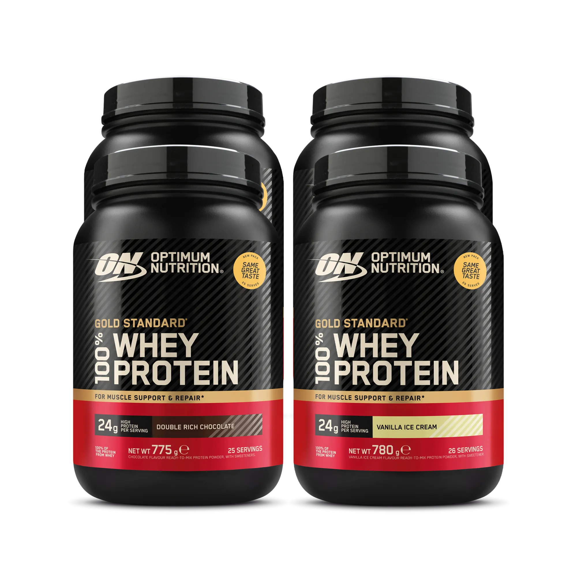 4 x Optimum Nutrition 100% Whey Gold Standard 775 g -proteiinijauhe mustissa purkeissa punaisin ja kultaisin yksityiskohdin.