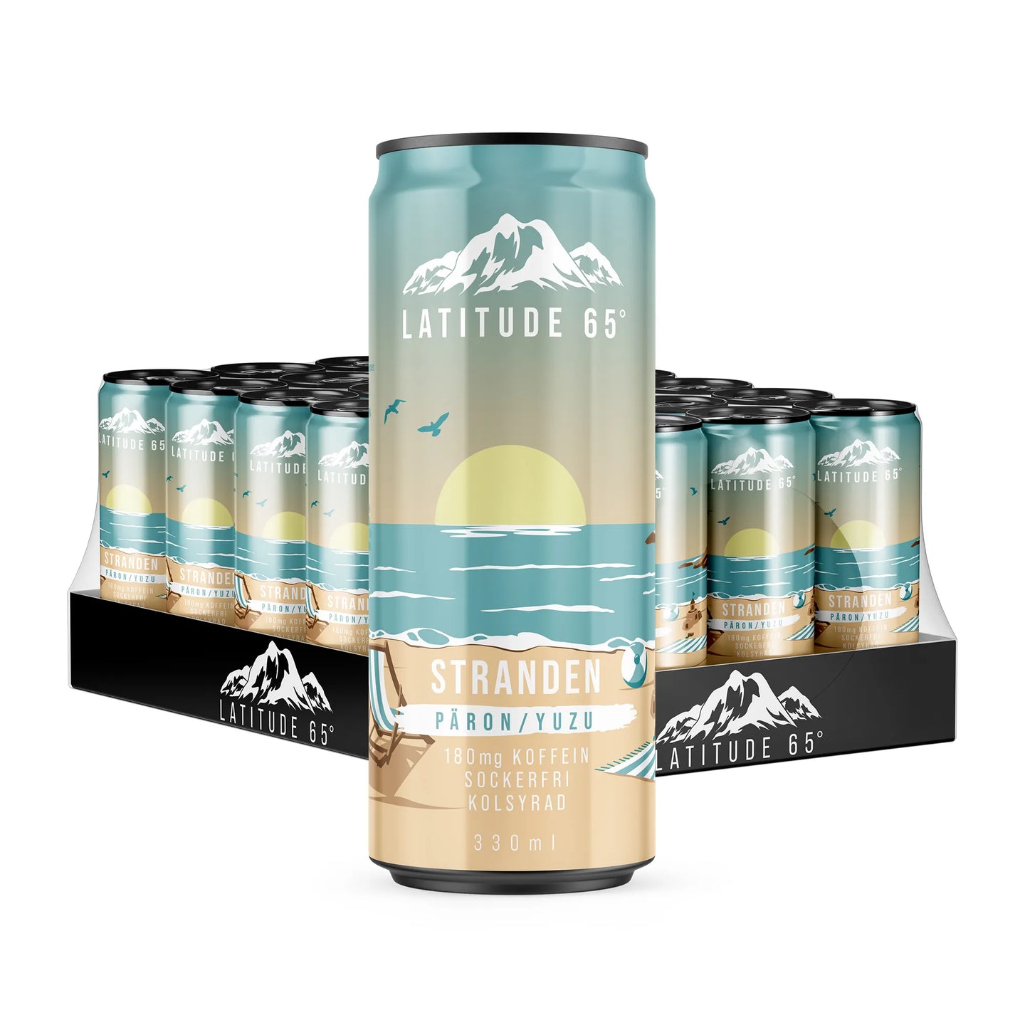 24 x Latitude 65 330 ml Stranden - Päron/Yuzu turkooseissa ranta-aiheisissa tölkeissä mustalla alustalla.