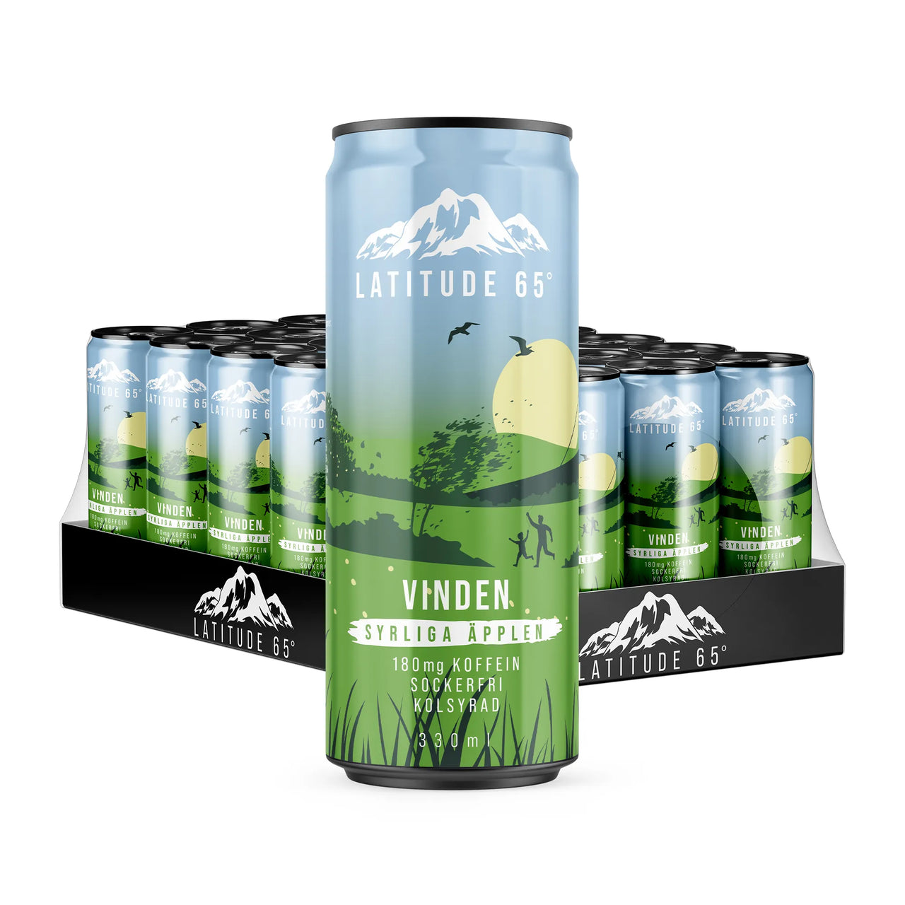 24 x Latitude 65 330 ml Vinden - Syrliga äpplen -energiajuomaa vaaleansinisissä ja vihreissä tölkeissä mustalla alustalla.