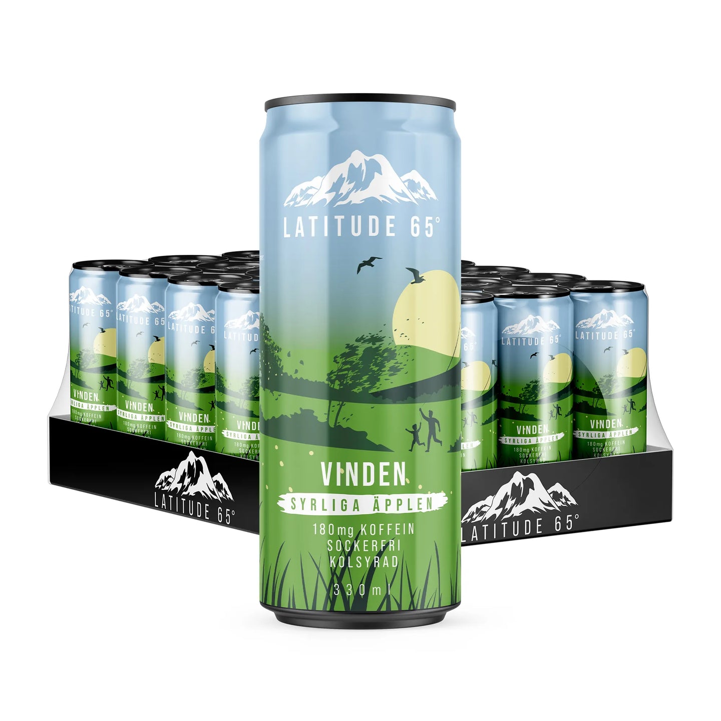 24 x Latitude 65 330 ml Vinden - Syrliga äpplen -energiajuomaa vaaleansinisissä ja vihreissä tölkeissä mustalla alustalla.