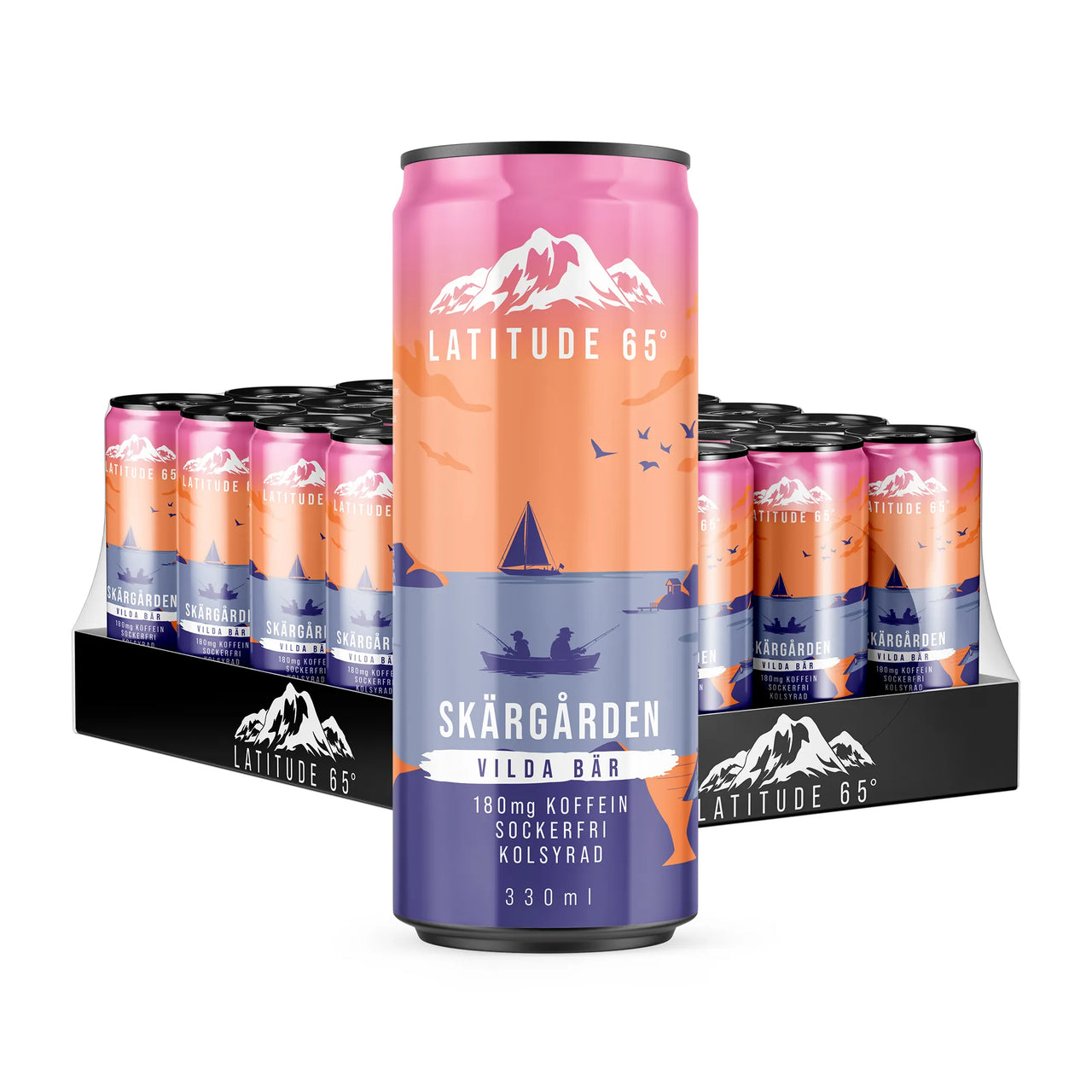 24 x Latitude 65 330 ml Skärgården - Vilda bär -funktiojuomat mustalla lavalla vaaleanpuna-sinisissä tölkeissä.