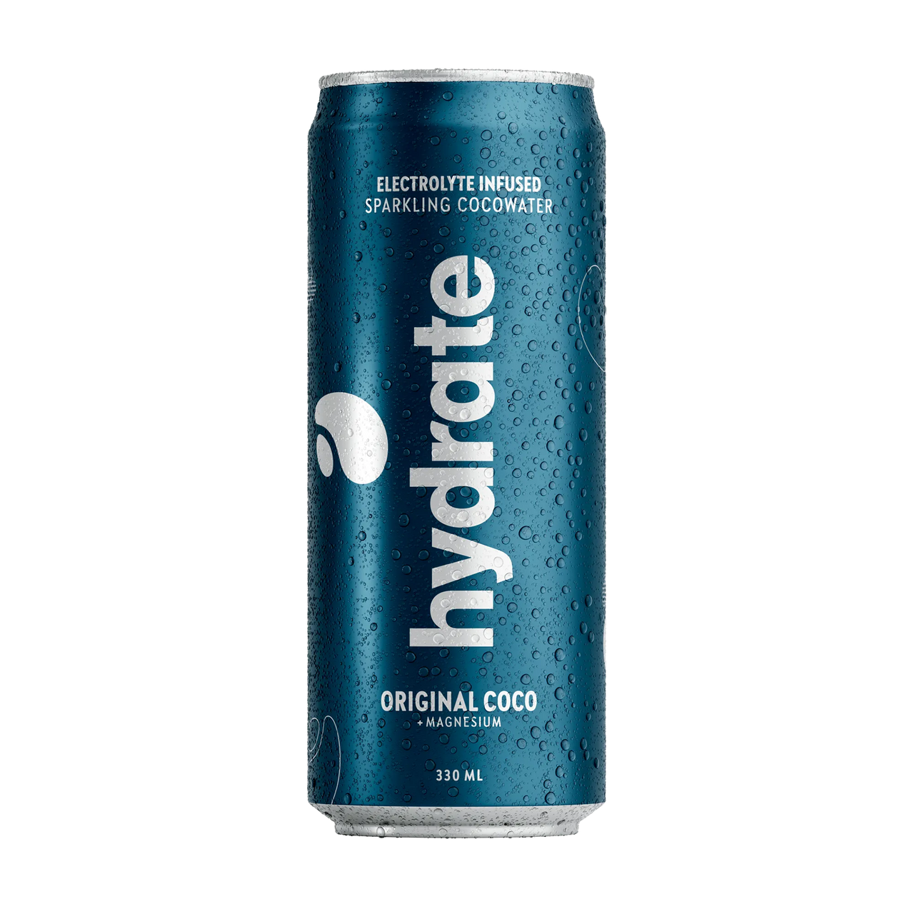 Hydrate 330 ml -kookosvesi tummansinisessä metallitölkissä vesipisaroilla, makuna Original Coco.