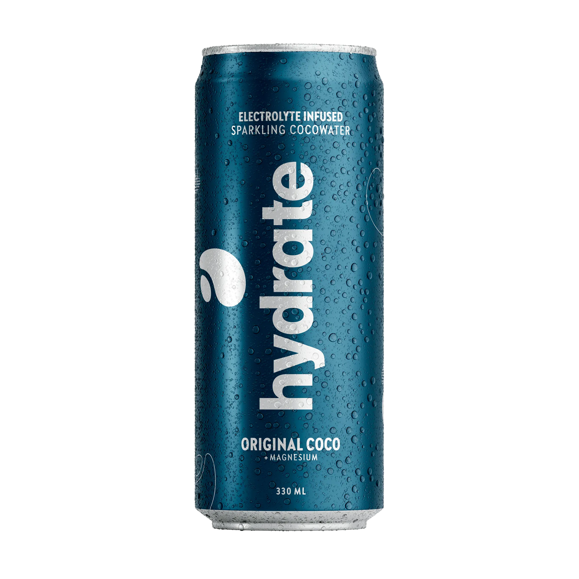 Hydrate 330 ml -kookosvesi tummansinisessä metallitölkissä vesipisaroilla, makuna Original Coco., kuva 1/3