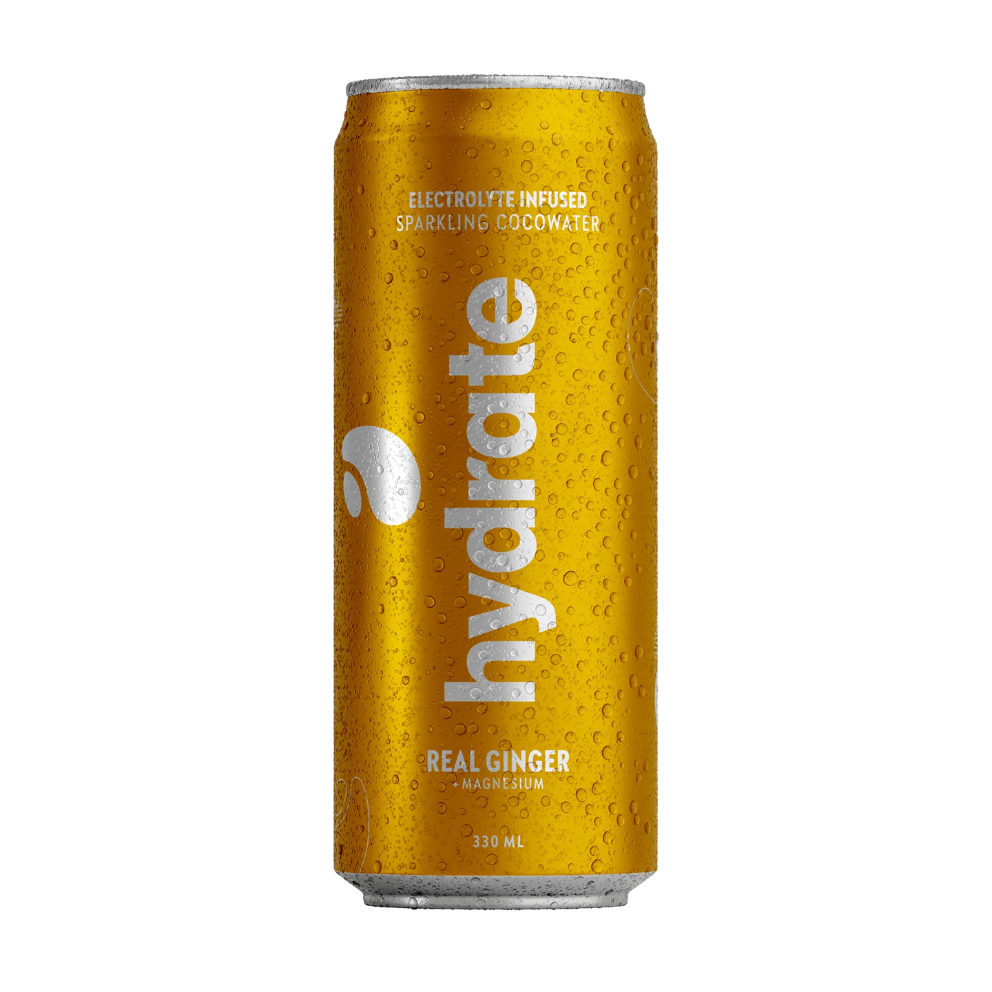 Hydrate 330 ml -kuplivaa kookosvettä keltaisessa, kondenssipisaroiden peittämässä tölkissä, makuna Real Ginger., kuva 2/3