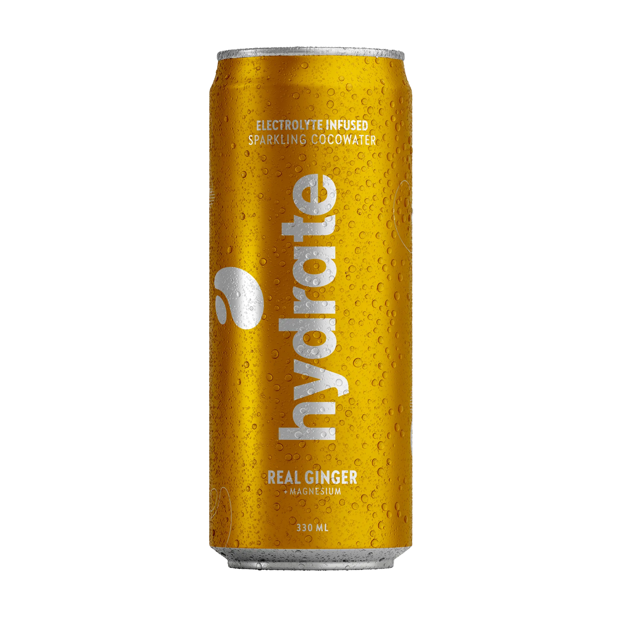Hydrate 330 ml -kuplivaa kookosvettä keltaisessa, kondenssipisaroiden peittämässä tölkissä, makuna Real Ginger., kuva 2/3