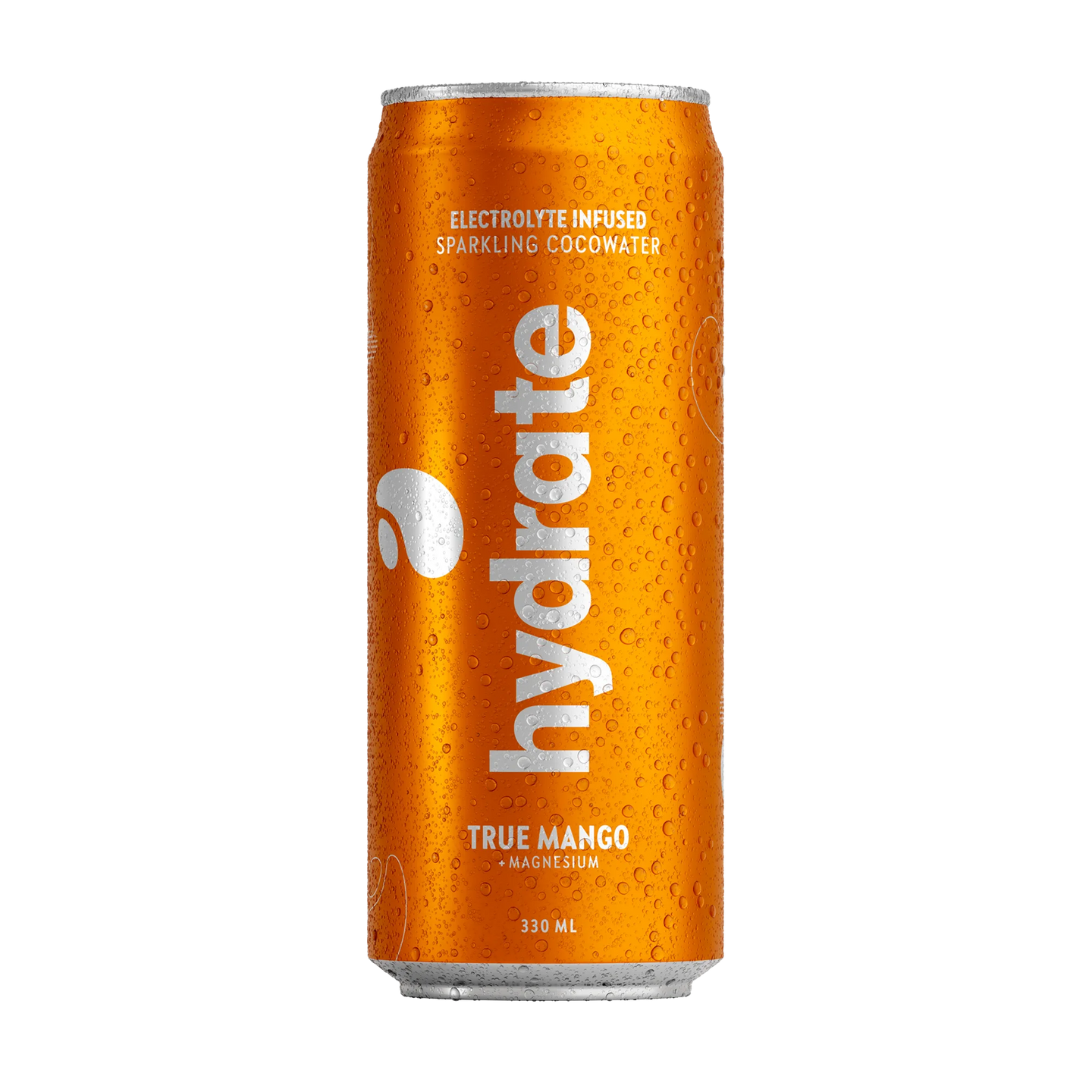Hydrate 330 ml -kookosvesi oranssissa tölkissä vesipisaroilla ja hopeisella logolla, makuna True Mango., kuva 3/3
