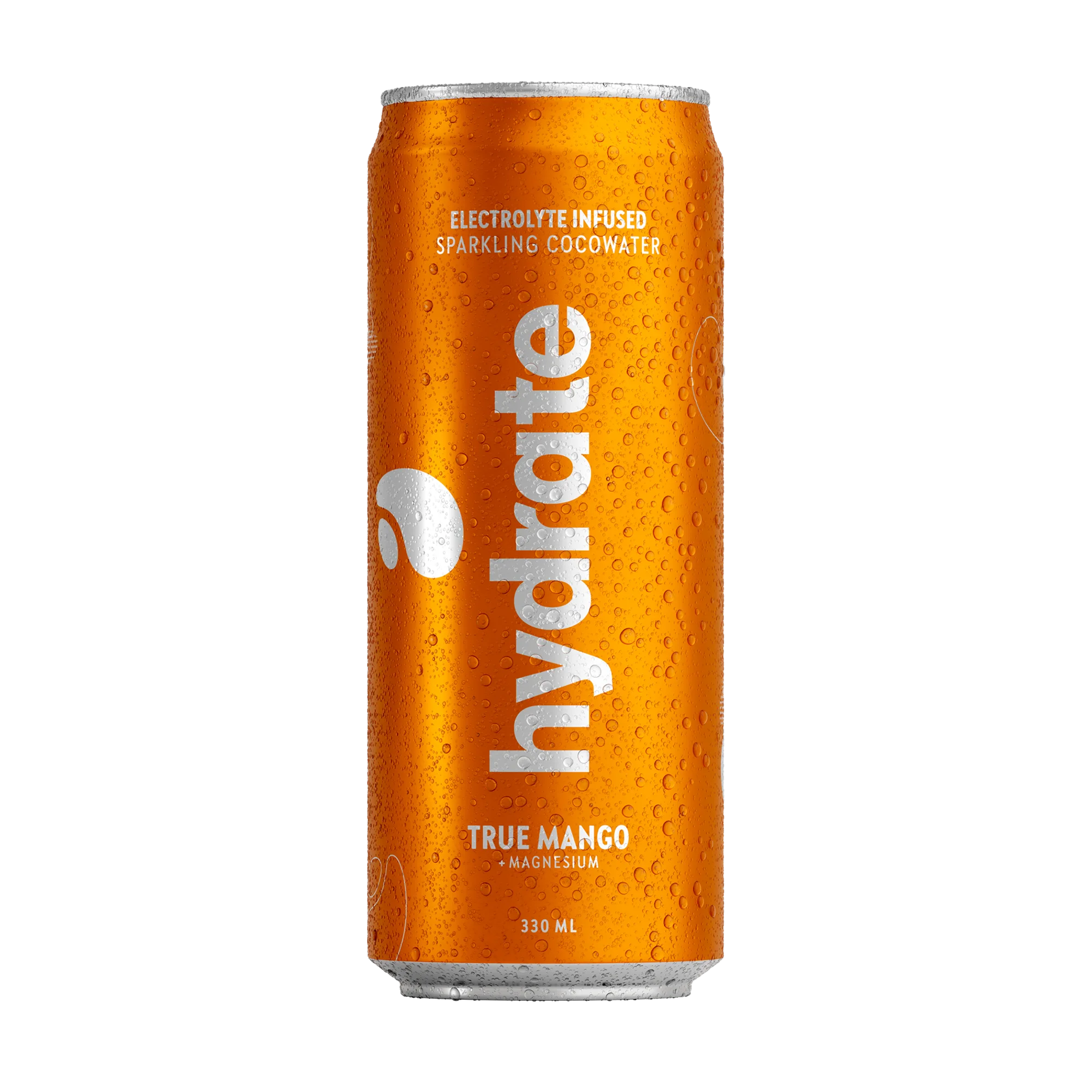 Hydrate 330 ml -kookosvesi oranssissa tölkissä vesipisaroilla ja hopeisella logolla, makuna True Mango., kuva 3/3