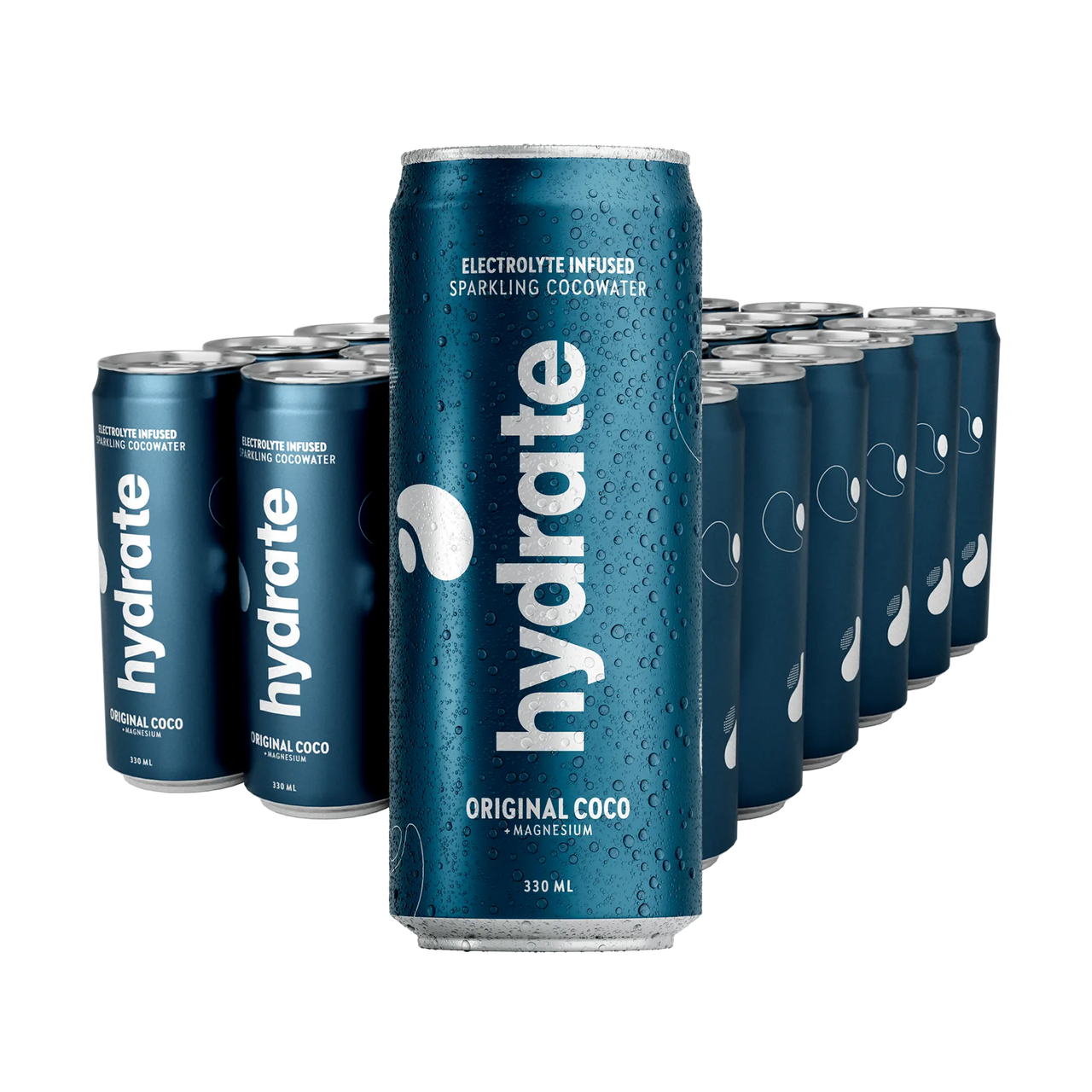 24 x Hydrate 330 ml Original Coco tummansinisissä tölkeissä, joissa on valkoinen teksti ja raikastavia vesipisaroita.