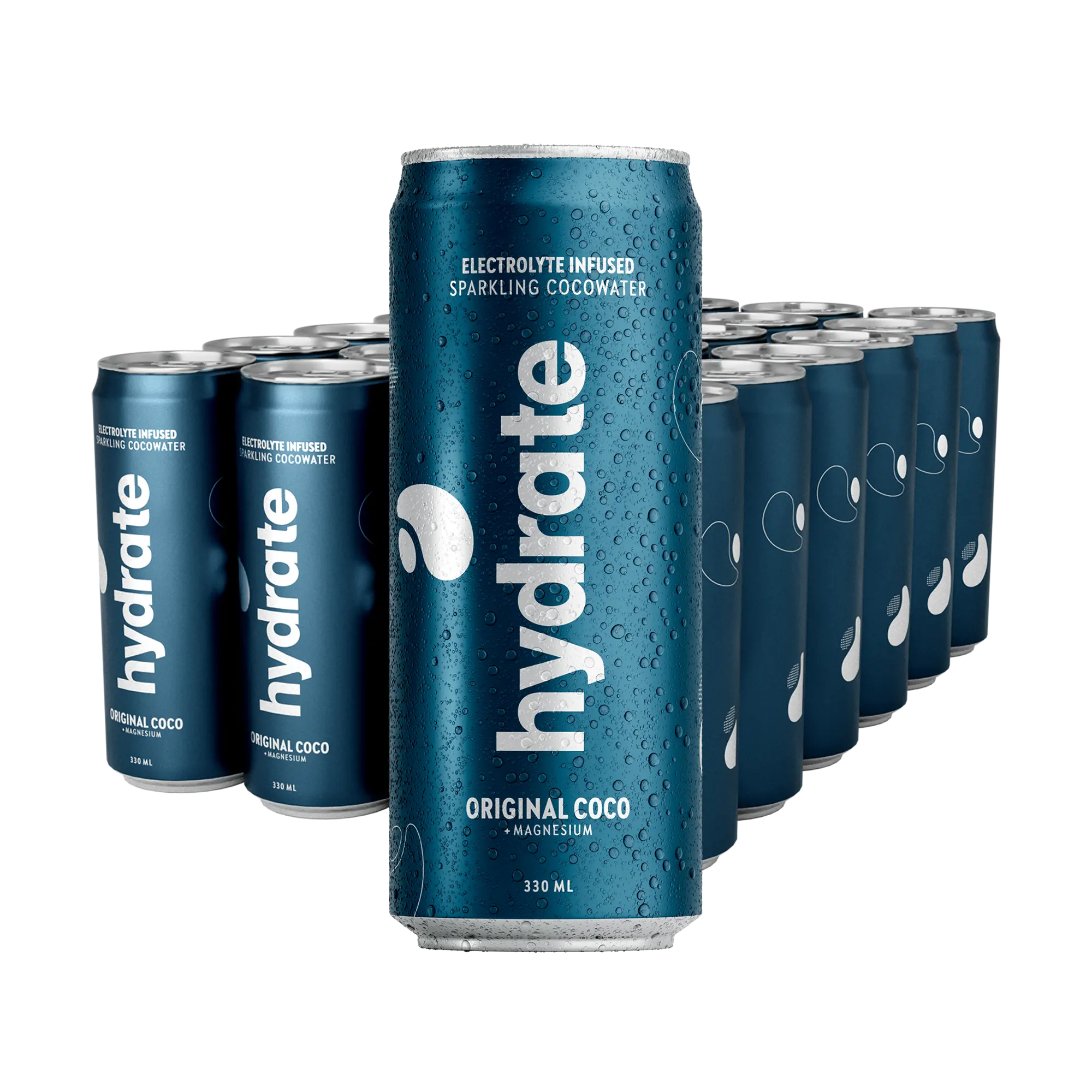 24 x Hydrate 330 ml Original Coco tummansinisissä tölkeissä, joissa on valkoinen teksti ja raikastavia vesipisaroita., kuva 1/1