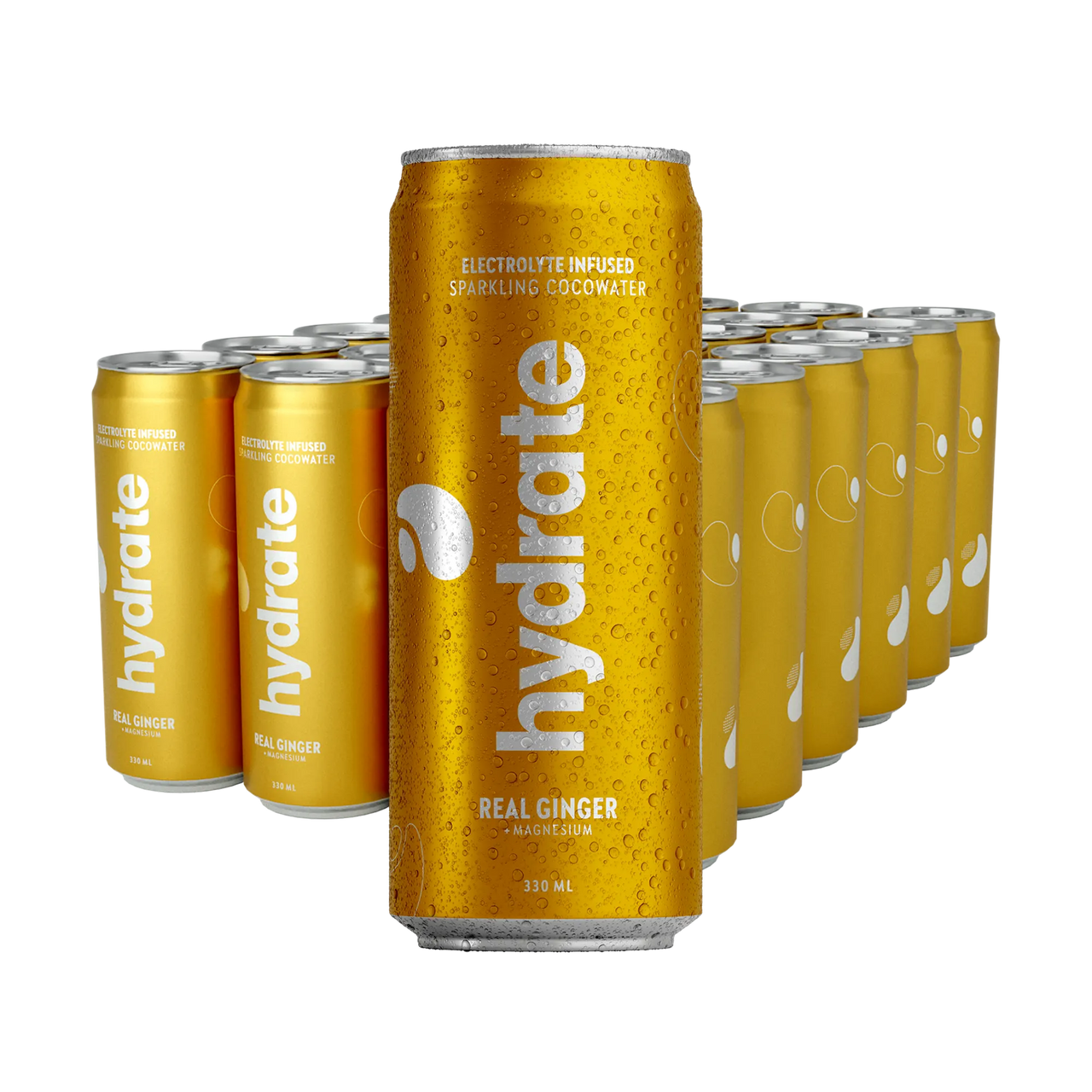 24 x Hydrate 330 ml Real Ginger kultaisissa tölkeissä valkoisella tekstillä, makuna inkivääri.