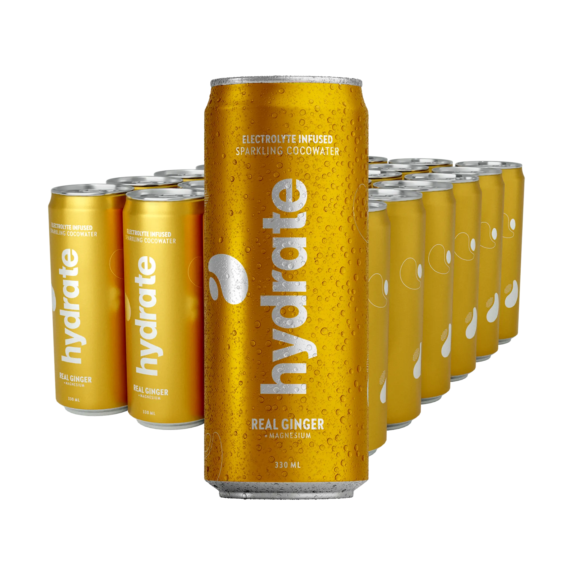 24 x Hydrate 330 ml Real Ginger kultaisissa tölkeissä valkoisella tekstillä, makuna inkivääri., kuva 1/1