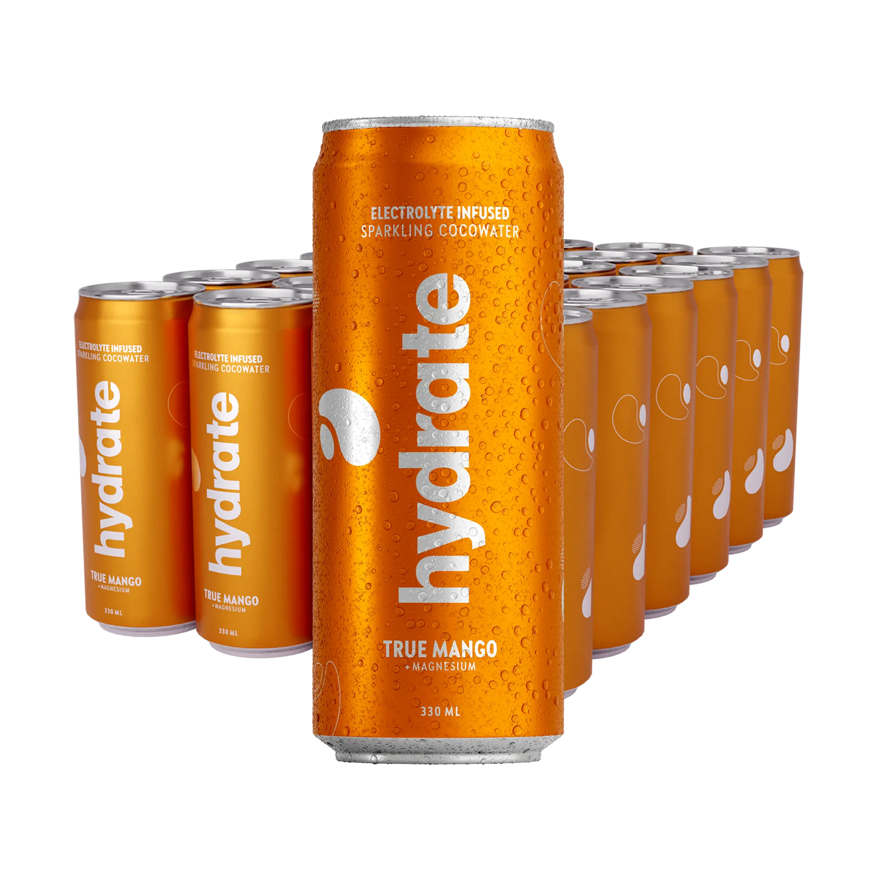 24 x Hydrate 330 ml True Mango -lava oransseja tölkkejä, jotka on peitetty kondenssivedellä ja hopeisella tekstillä.