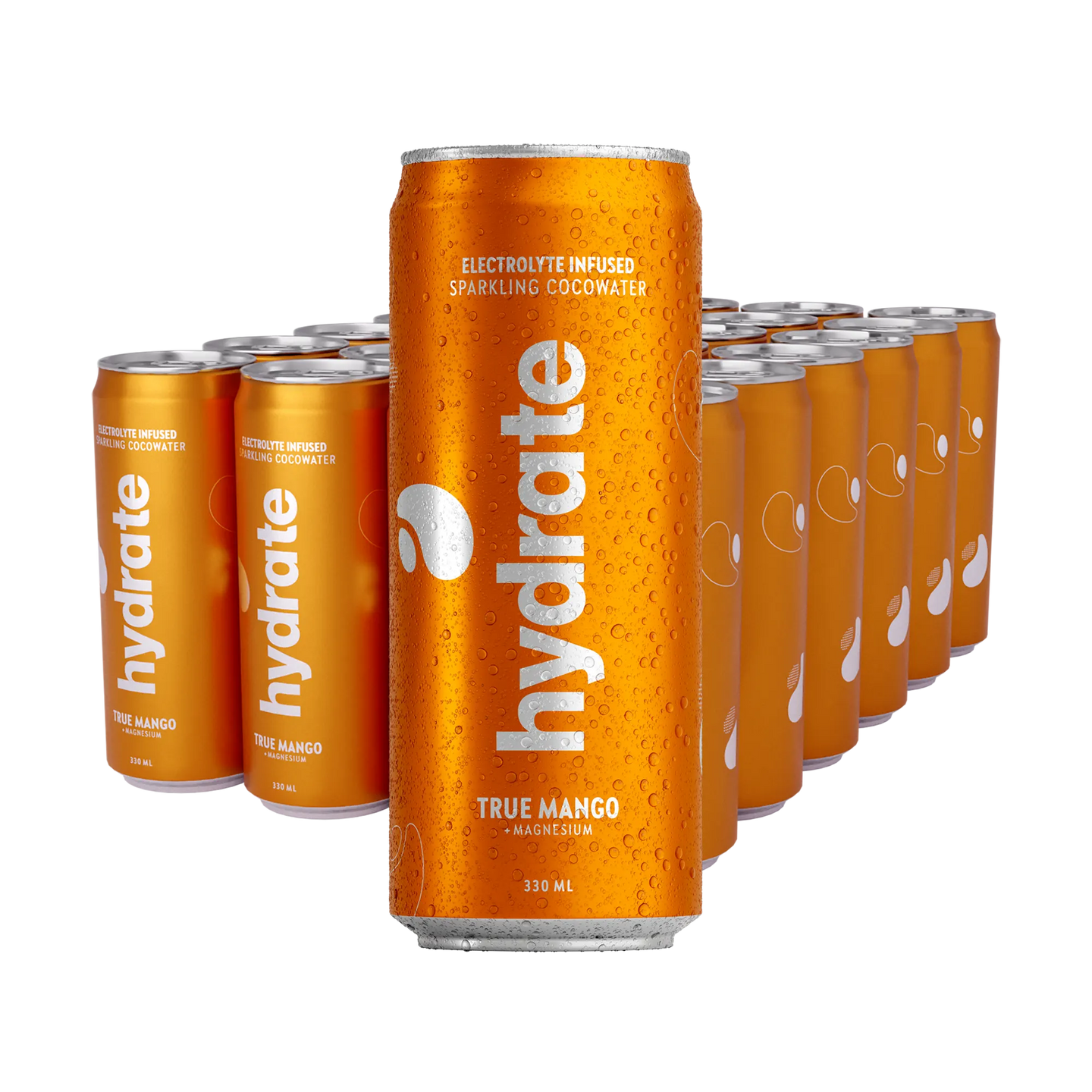 24 x Hydrate 330 ml True Mango -lava oransseja tölkkejä, jotka on peitetty kondenssivedellä ja hopeisella tekstillä., kuva 1/1