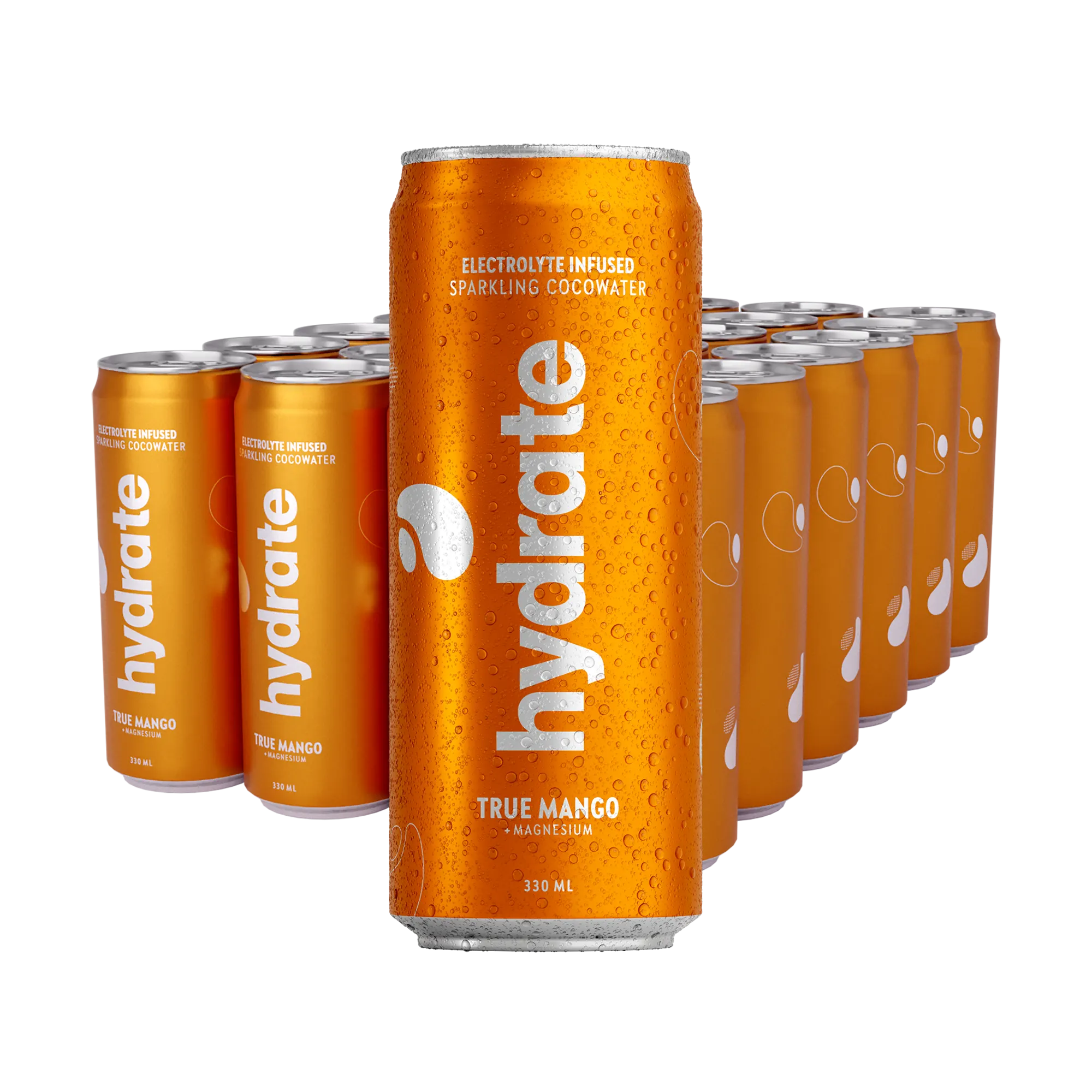 24 x Hydrate 330 ml True Mango -lava oransseja tölkkejä, jotka on peitetty kondenssivedellä ja hopeisella tekstillä., kuva 1/1