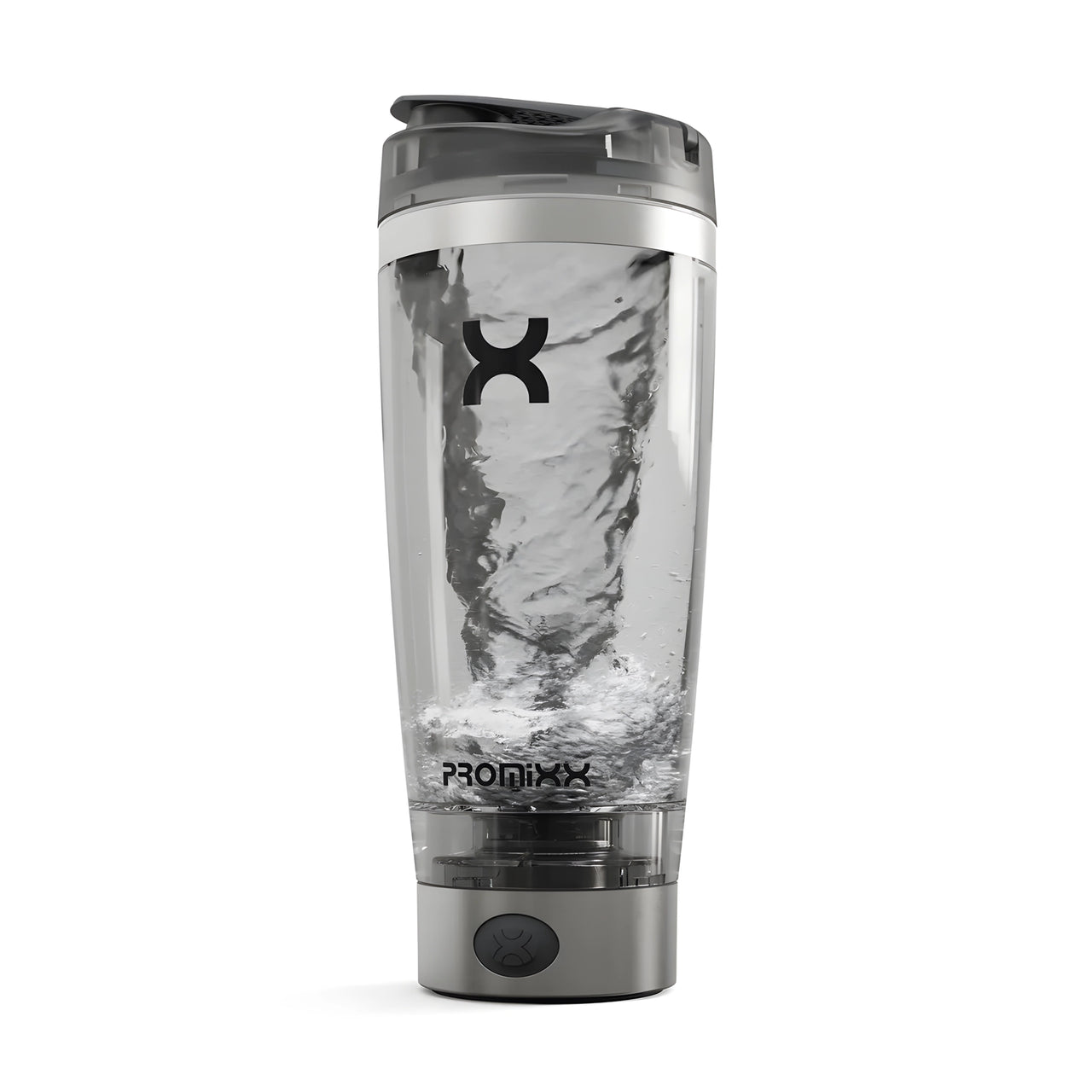 ProMixx PRO Electric Shaker 600 ml Stainless Steel, jossa on ruostumaton teräspohja ja aktiivinen vesipyörre sisällä.