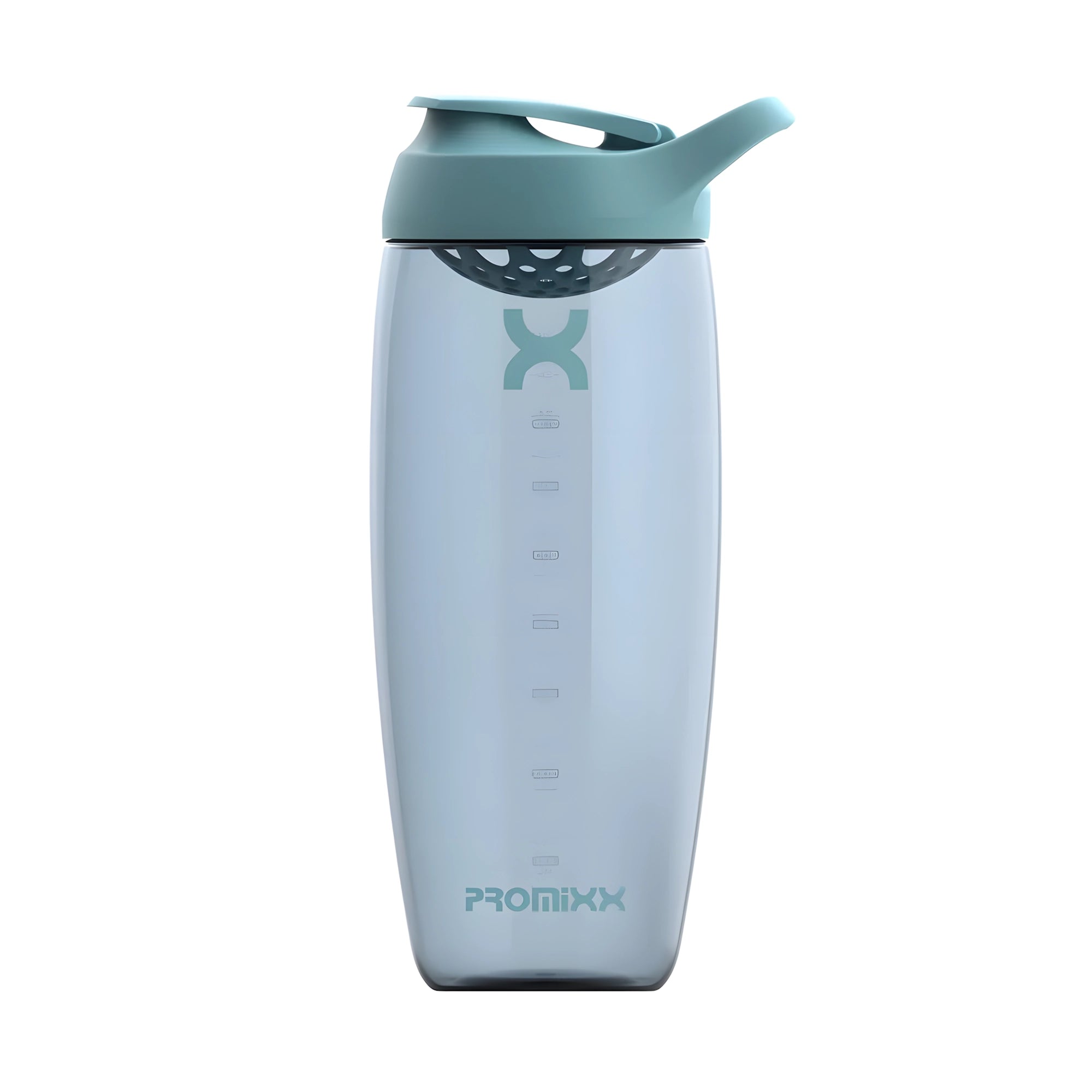 ProMixx Pursuit Shaker Bottle 950 ml -shaker, jossa on läpinäkyvä lasimainen pinta, sekoitin ja vaaleanvihreä kansi., kuva 2/4