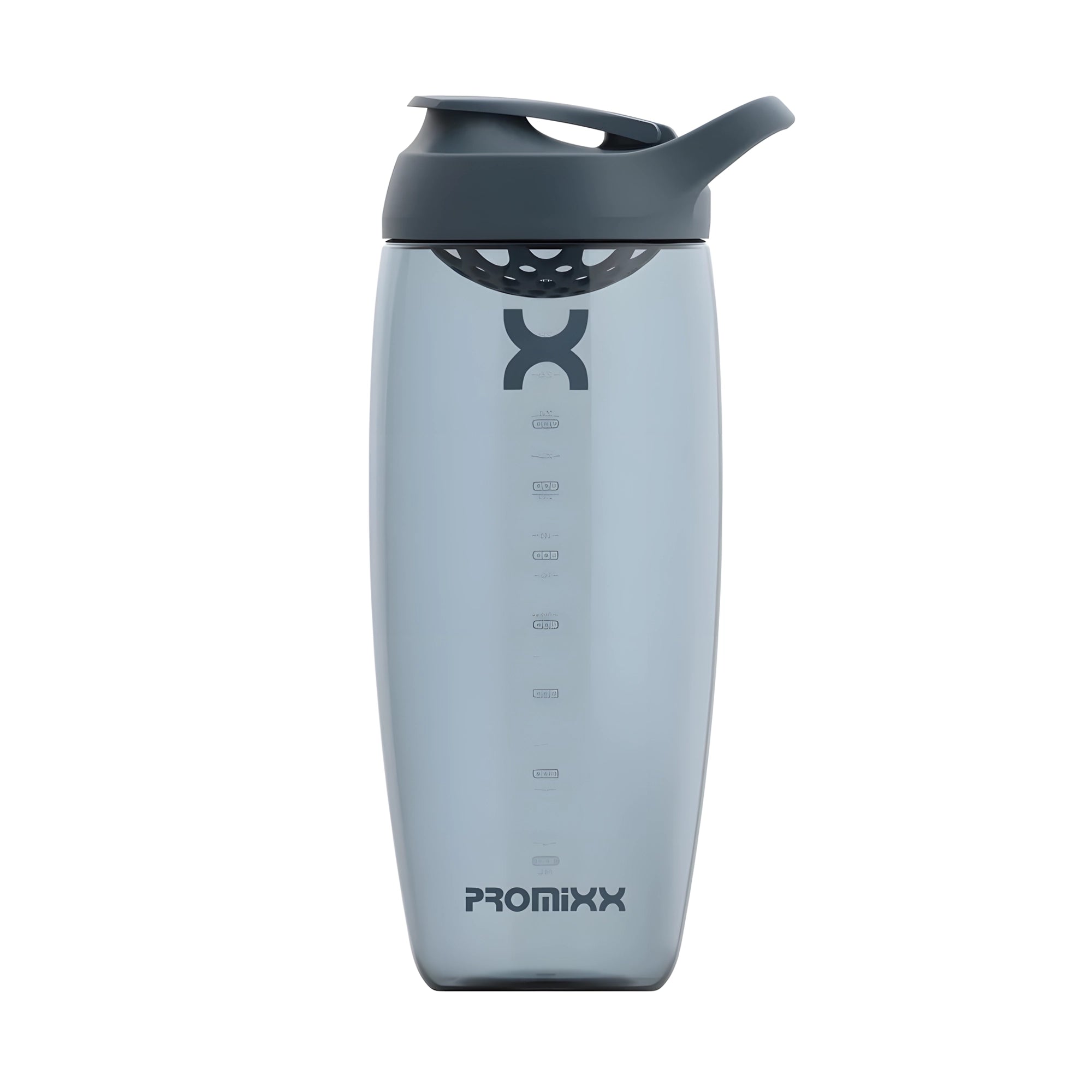 Harmaa läpinäkyvä ProMixx Pursuit Shaker Bottle 950 ml tummanharmaalla urheilukorkilla ja kantolenkillä., kuva 3/4