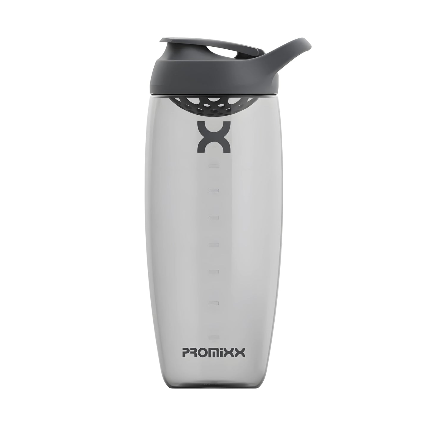 Läpinäkyvä ProMixx Pursuit Shaker Bottle 950 ml grafiitinharmaana, jossa on tummanharmaa urheilukorkki ja kantolenkki., kuva 4/4