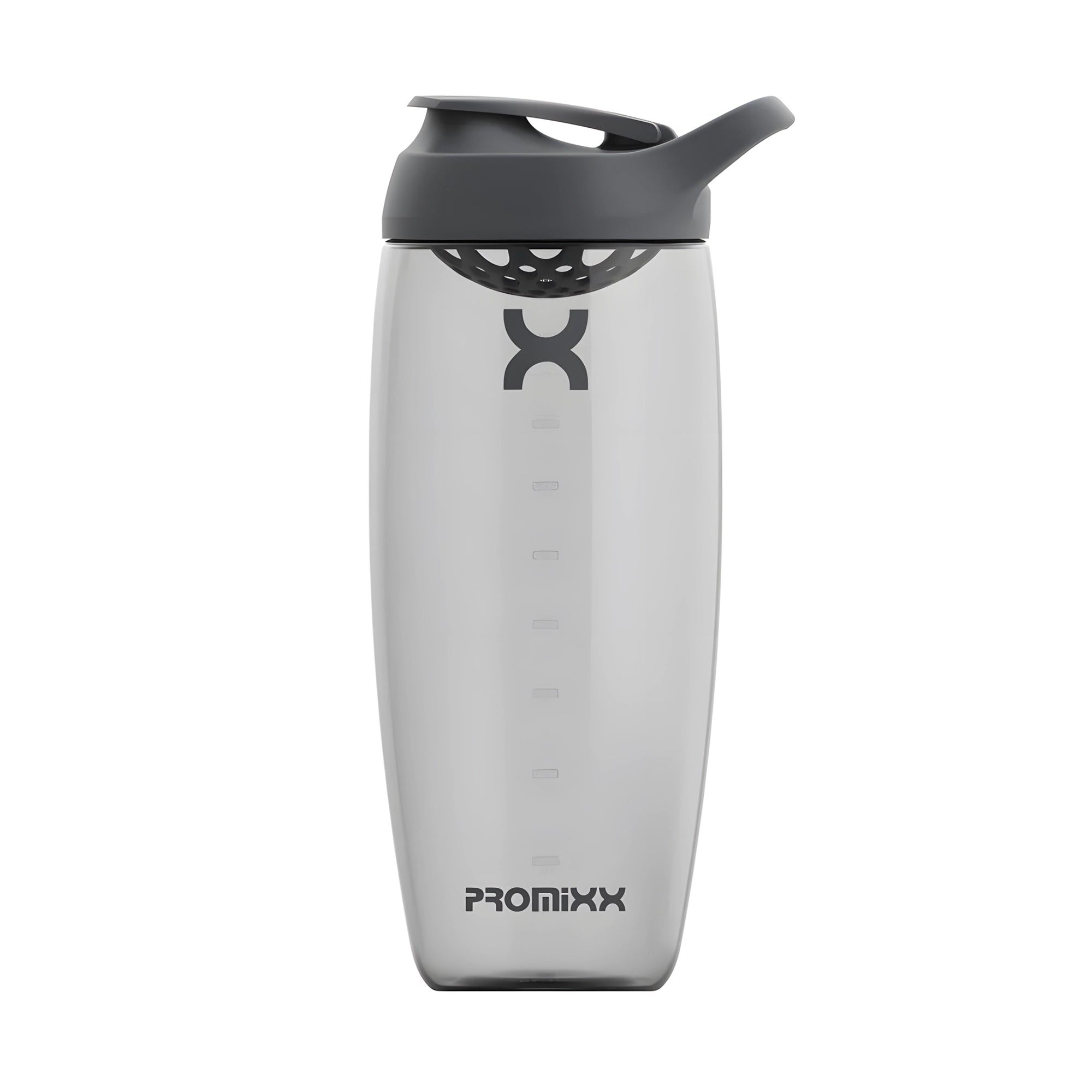 Läpinäkyvä ProMixx Pursuit Shaker Bottle 950 ml grafiitinharmaana, jossa on tummanharmaa urheilukorkki ja kantolenkki., kuva 4/4