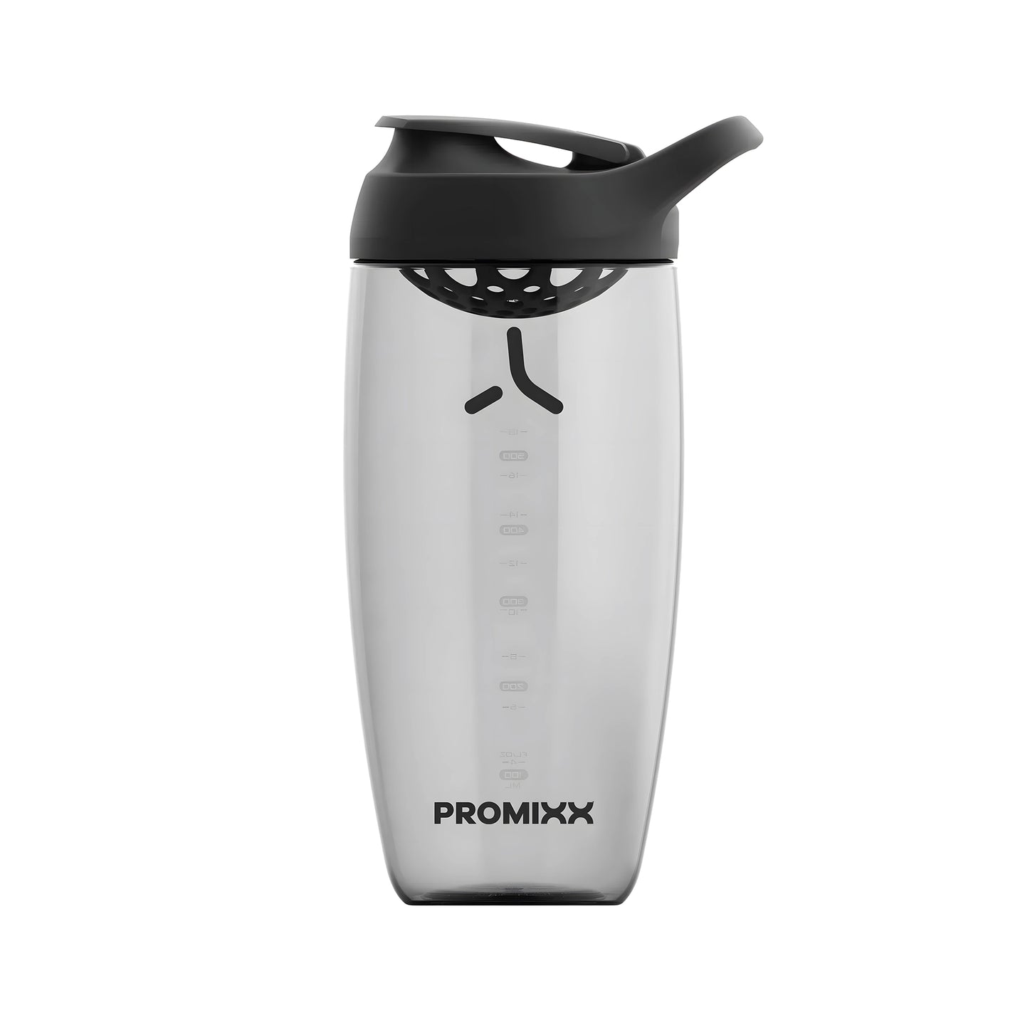 ProMixx Pursuit Shaker Bottle 700 ml, läpinäkyvä shakerpullo mustalla kannella ja integroidulla sekoittimella., kuva 4/4