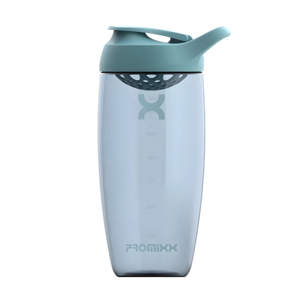 ProMixx Pursuit Shaker Bottle 700 ml on läpinäkyvä ECOZEN-shakerpullo sinisellä kannella ja integroidulla sekoittimella.