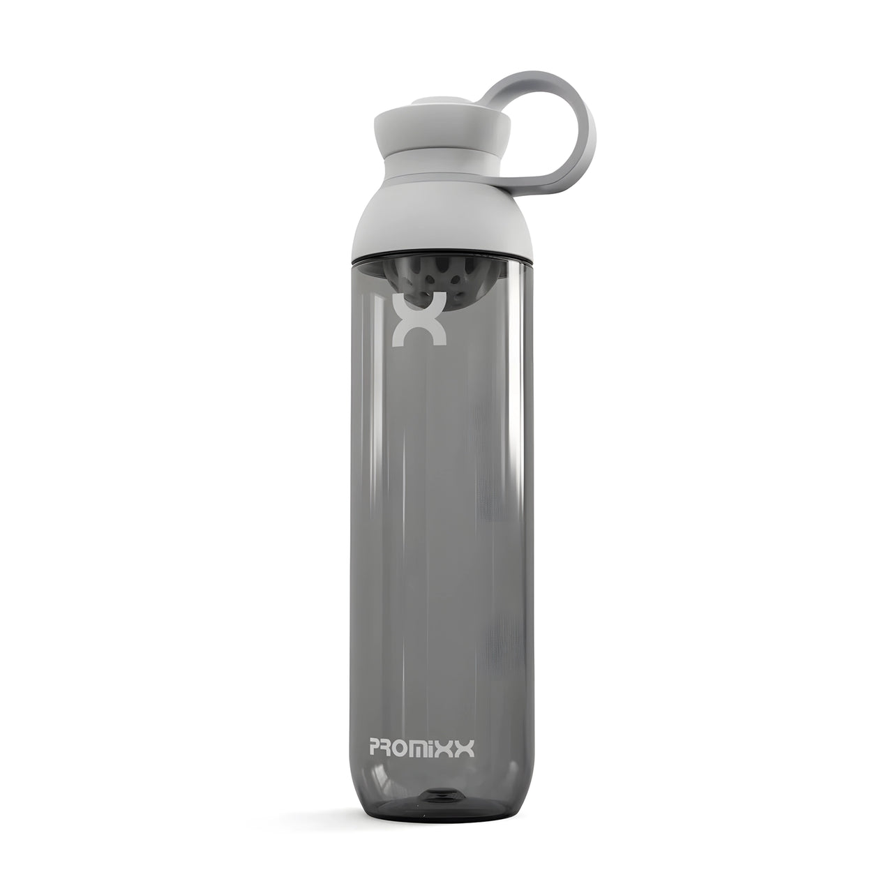 ProMixx Form Hybrid Bottle 760 ml läpinäkyvän harmaa shakerpullo vaaleanharmaalla korkilla treeniin.